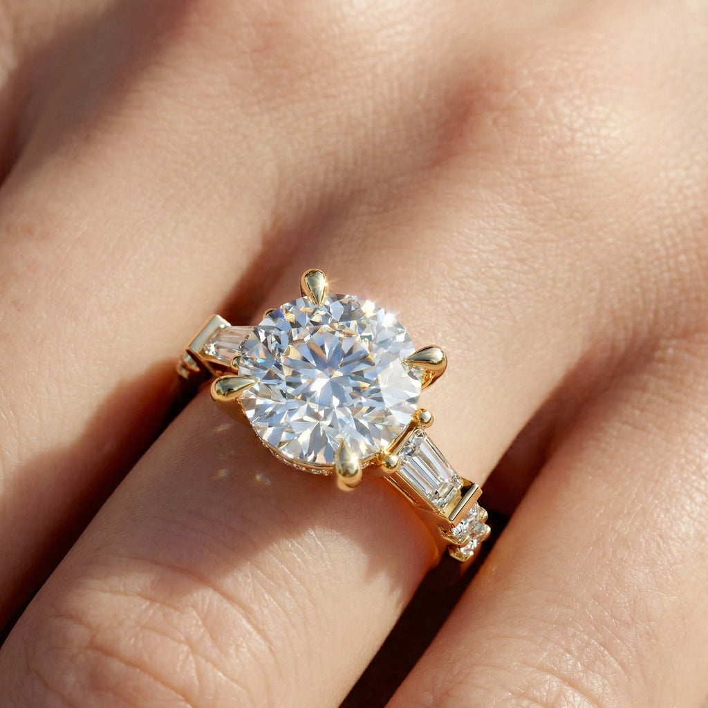 Baguette Accent Three-Stone Engagement Ring in 14K Solid Gold, 1.50 CT Round Cut Lab Grown Diamond, Elegant Jewelry, Anniversary Gift For Her