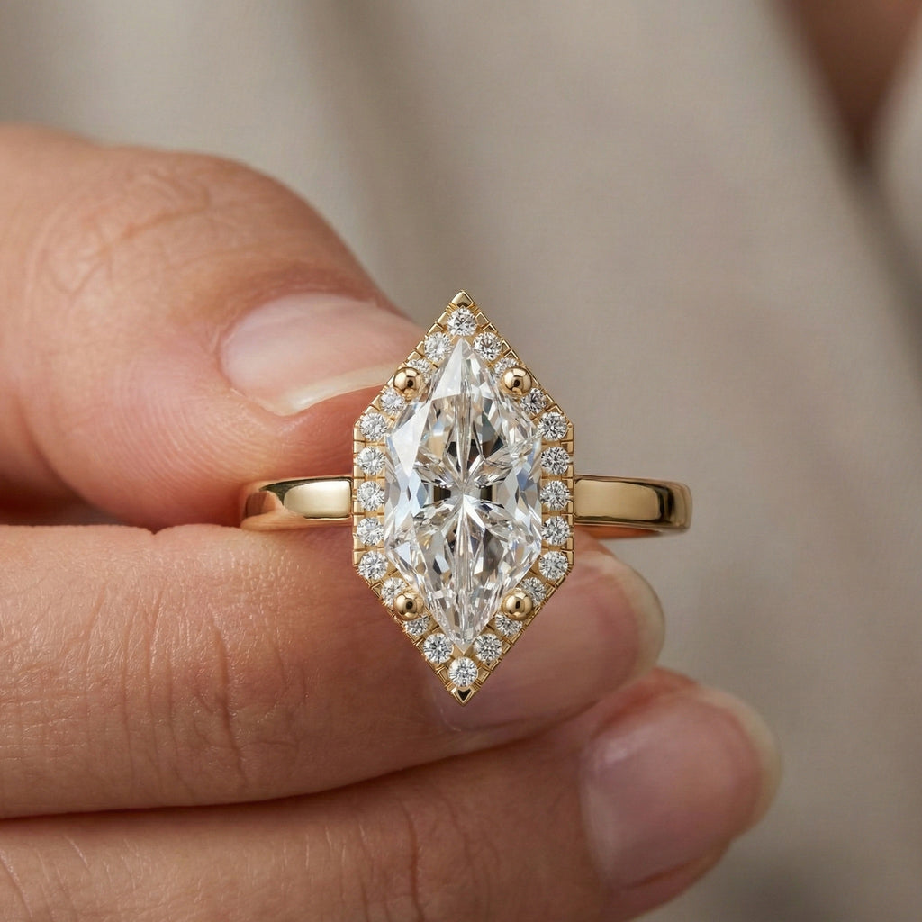 Art Deco Inspired Dutch Cut Halo Engagement Ring in 14K Solid Gold, 2.00 CT Dutch Marquise Cut Lab Created Diamond, Anniversary Gift for Her
