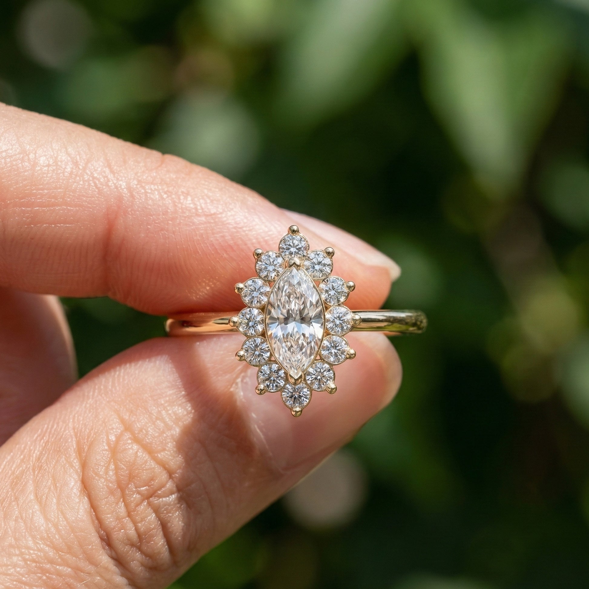 Marquise Floral Halo Cluster Engagement Ring in 14k Solid Gold, Unique Halo Wedding Band, Birthday Gift for Wife, Handmade Jewelry
