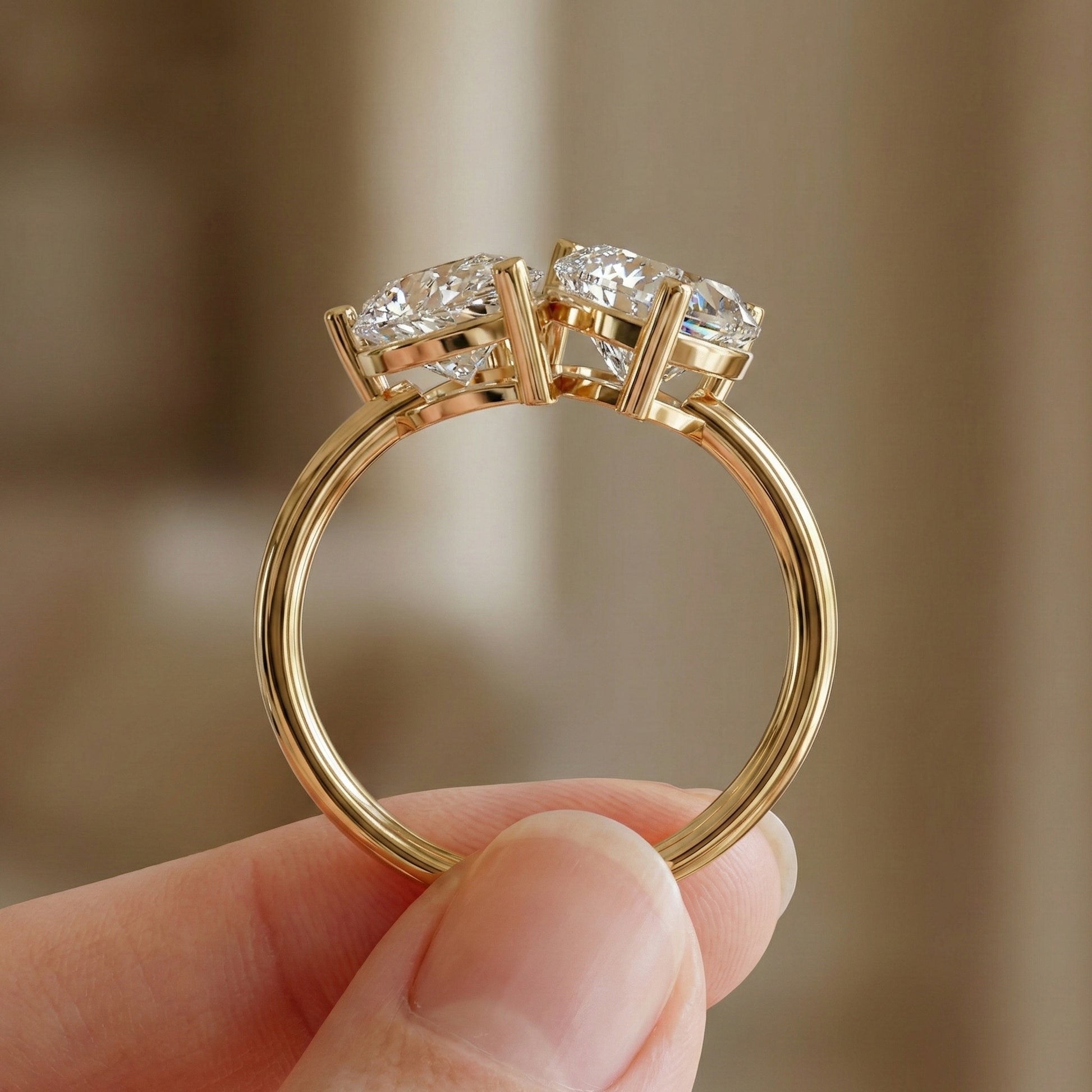 Unique Toi et Moi Two Stone Engagement Ring in 14k Rose Gold, 4.25 TCW Heart/Pear Cut Lab Grown Diamonds, Anniversary Gift For Wife, Love Token Ring