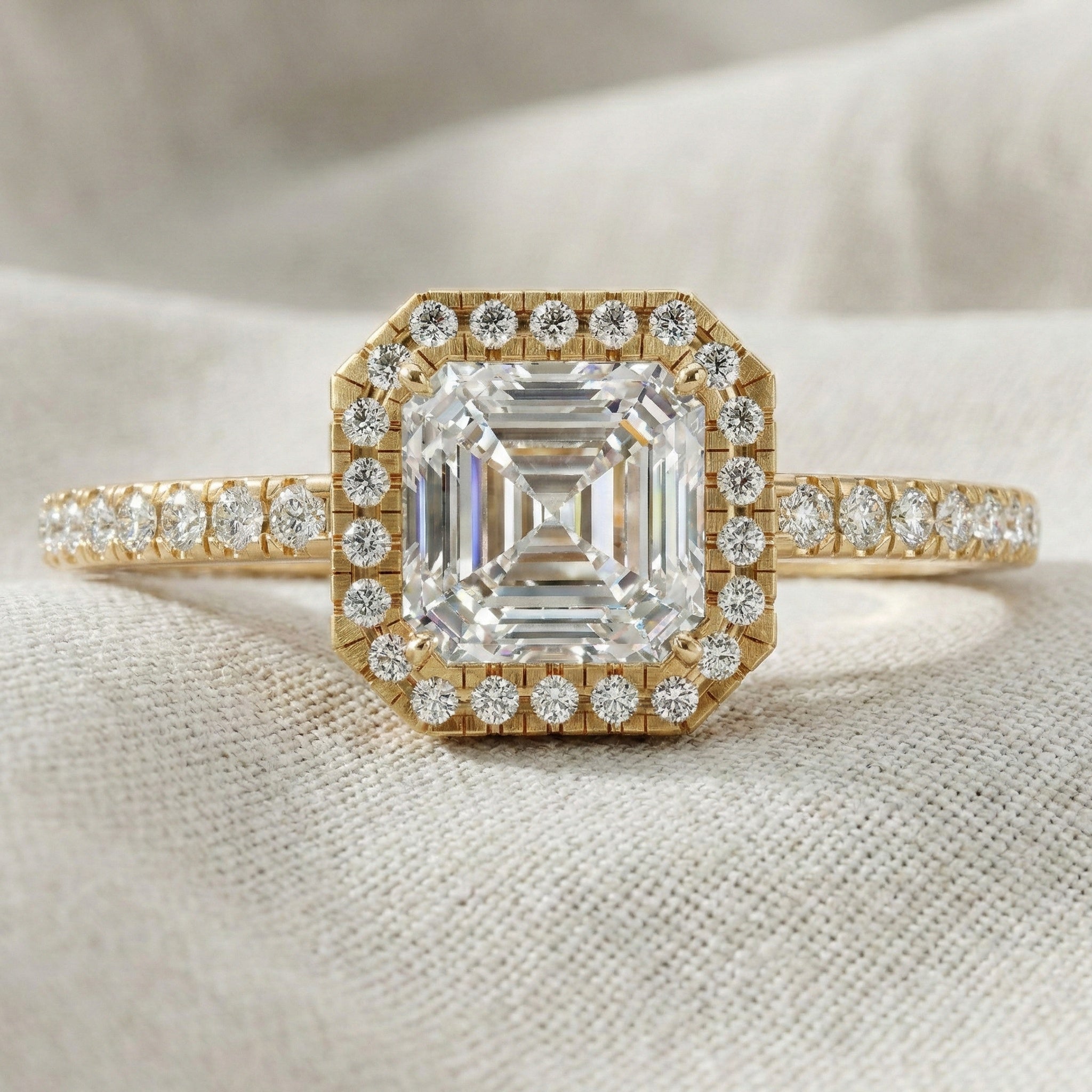 Square Halo Pave Engagement Ring in 14K Solid Gold, 1.00 CT Asscher Cut Lab Grown Diamond, Anniversary Gift For Her, Everyday Jewelry