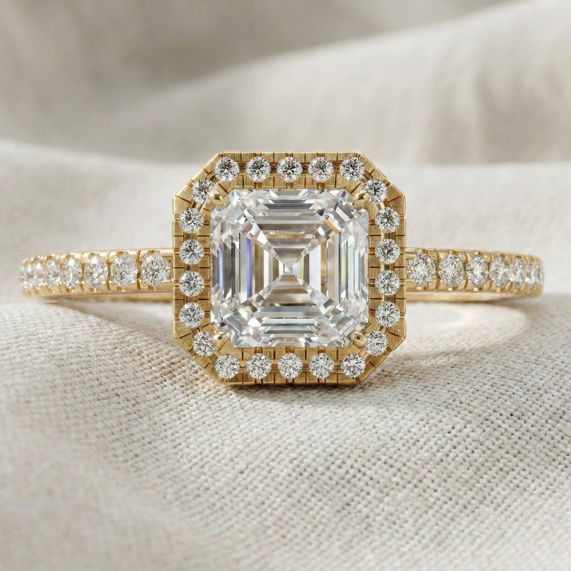 Square Halo Pave Engagement Ring in 14K Solid Gold, 1.00 CT Asscher Cut Lab Grown Diamond, Anniversary Gift For Her, Everyday Jewelry