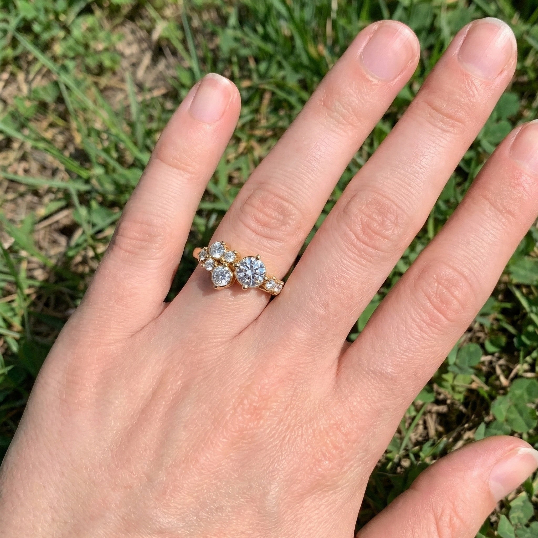 Asymmetrical Cluster Three Stone Engagement Ring in 14K Solid Gold, 0.70 CT Round Cut Lab Grown Diamond, Bridal Jewelry, Gift  For Her