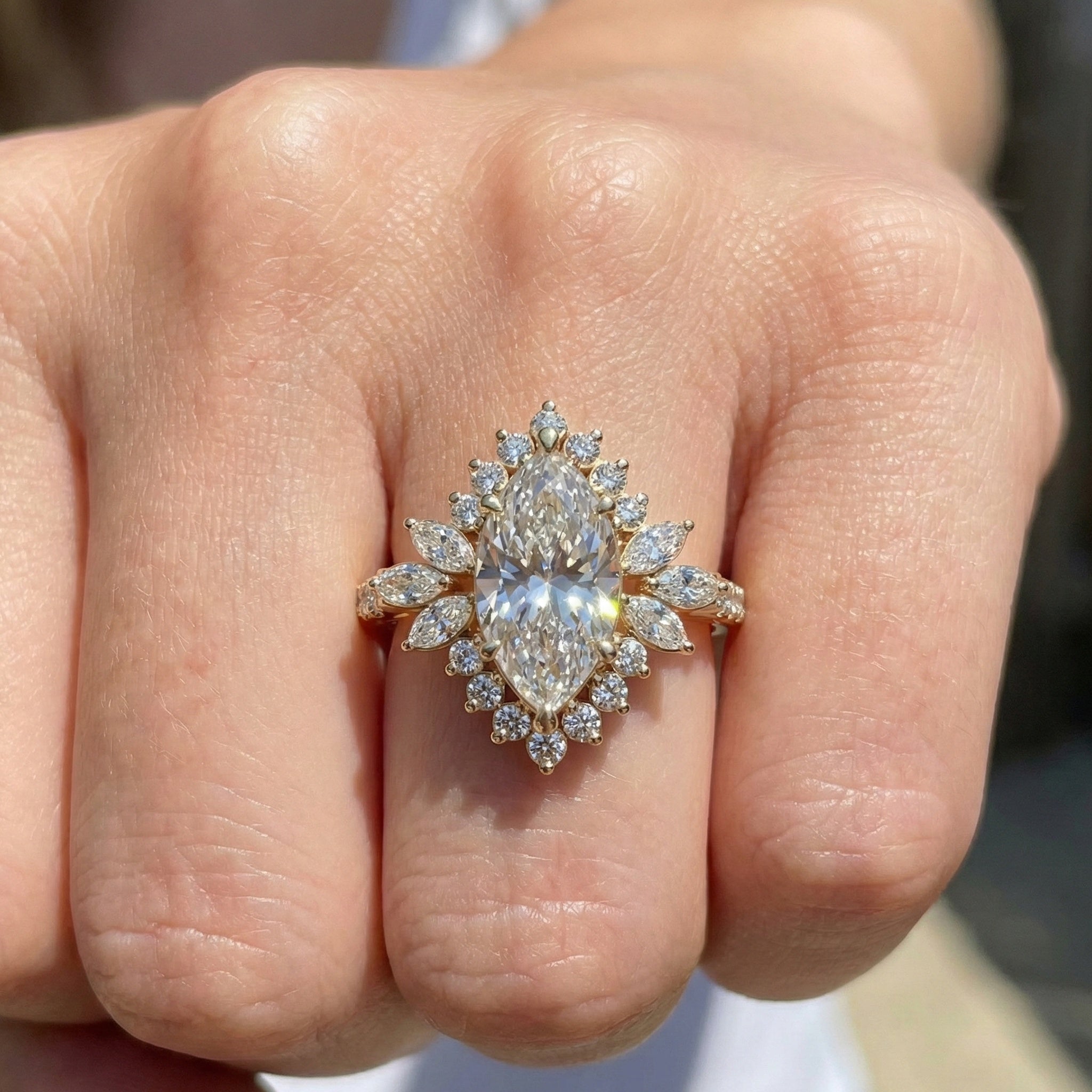 Art Deco Marquise Cluster Engagement Ring in 14k Solid Gold, 1.49 TCW Marquise/Round Cut Lab Created Diamonds, Anniversary Gift For Wife, Daily Wear Jewelry