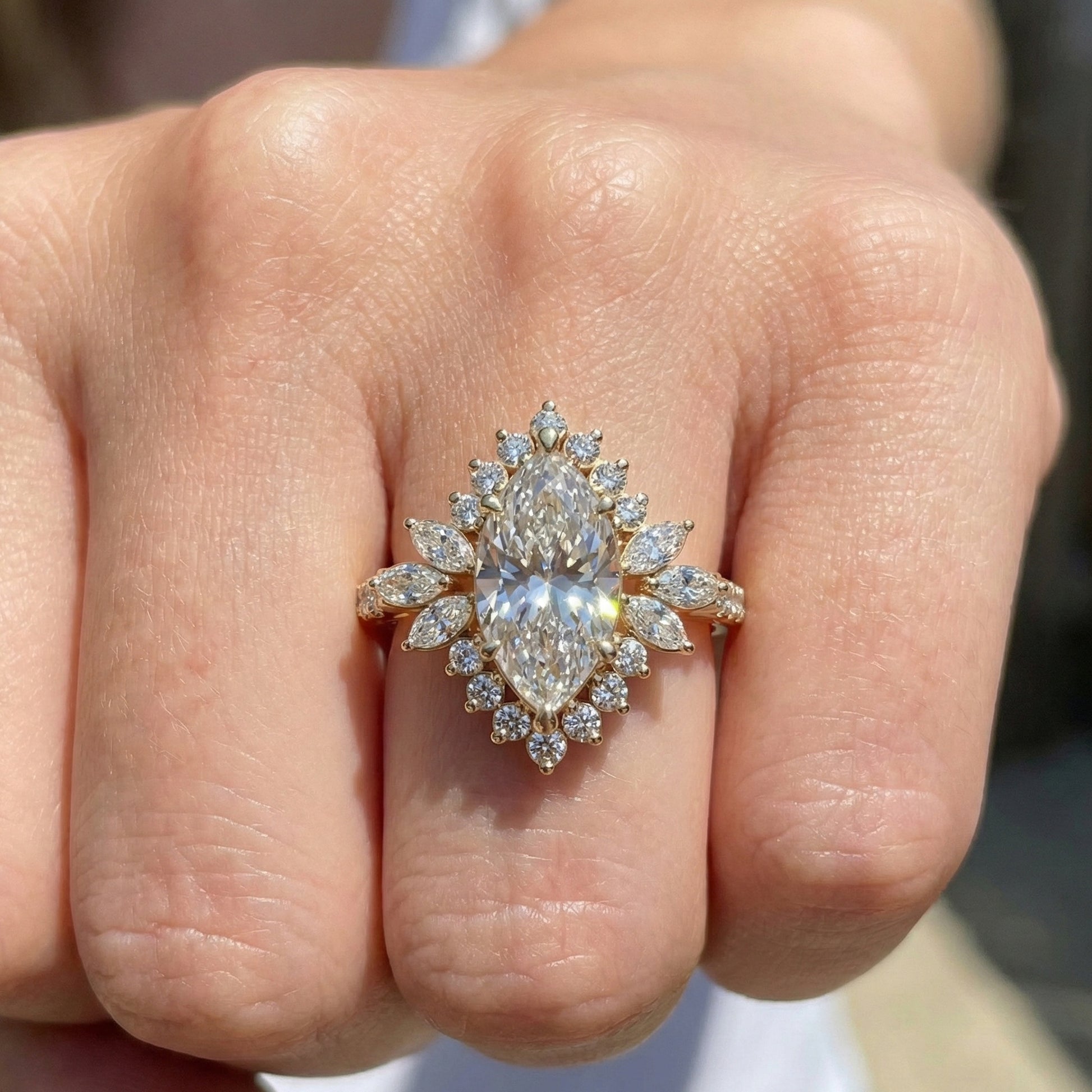 Art Deco Marquise Cluster Engagement Ring in 14k Solid Gold, 1.49 TCW Marquise/Round Cut Lab Created Diamonds, Anniversary Gift For Wife, Daily Wear Jewelry