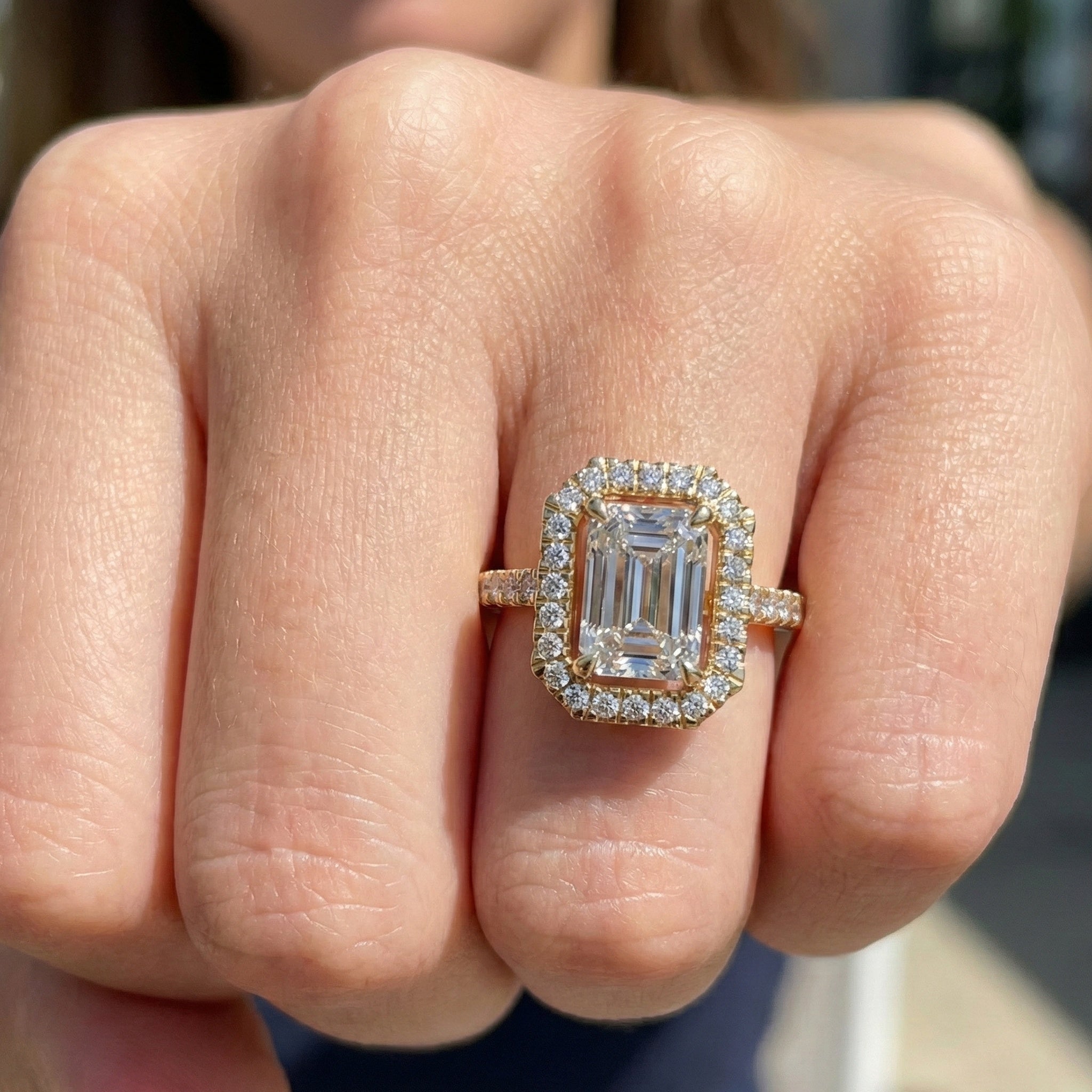 Unique Statement Halo Engagement Ring in 14K Solid Gold, 1.00 CT Emerald Cut Lab Created Diamond, Anniversary Gift For Wife, Handmade Jewelry