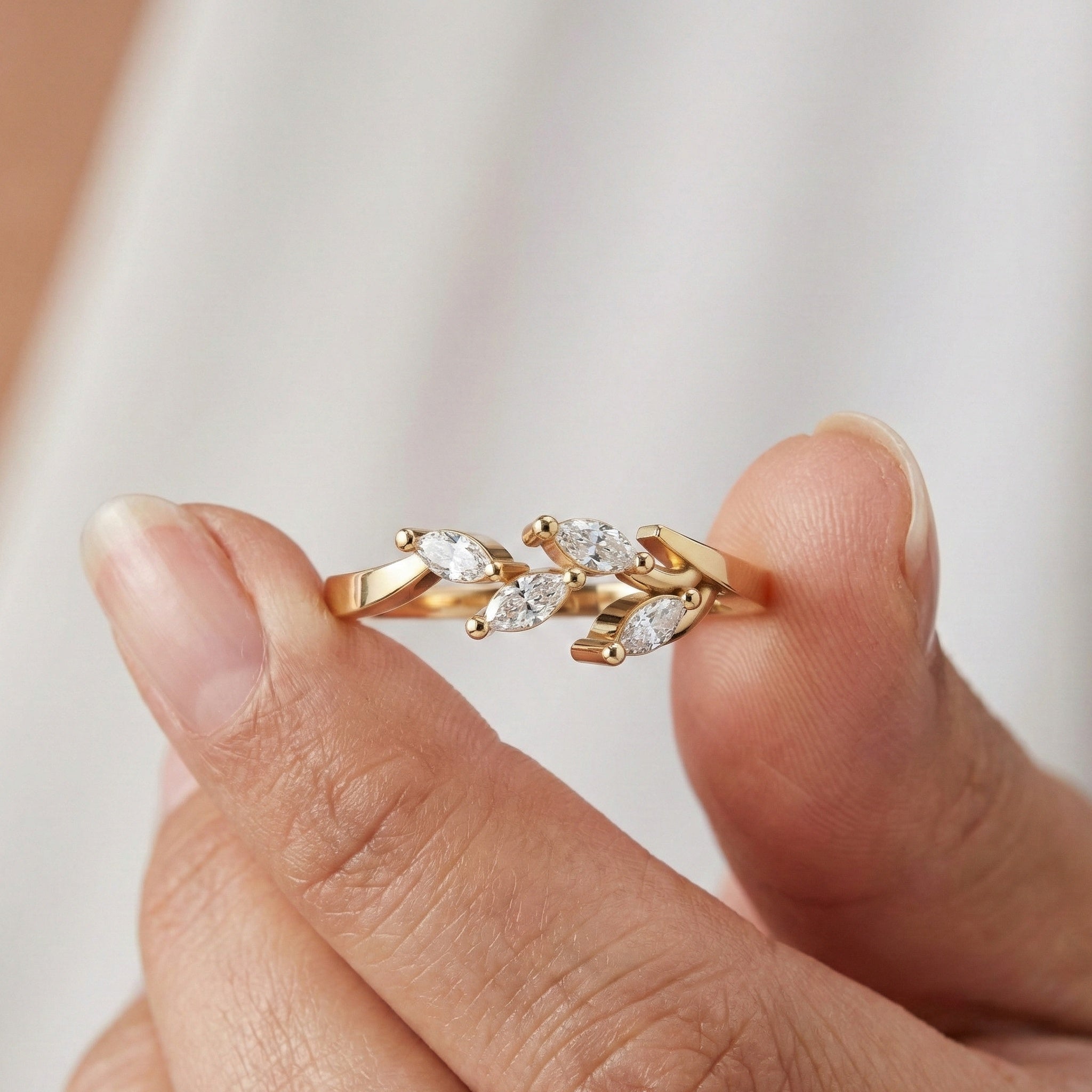 Floral Marquise Cluster Wedding Band in 14k Solid Gold, 0.40 TCW Marquise Cut Lab Created Diamonds, Anniversary Gift For Her, Everyday Band