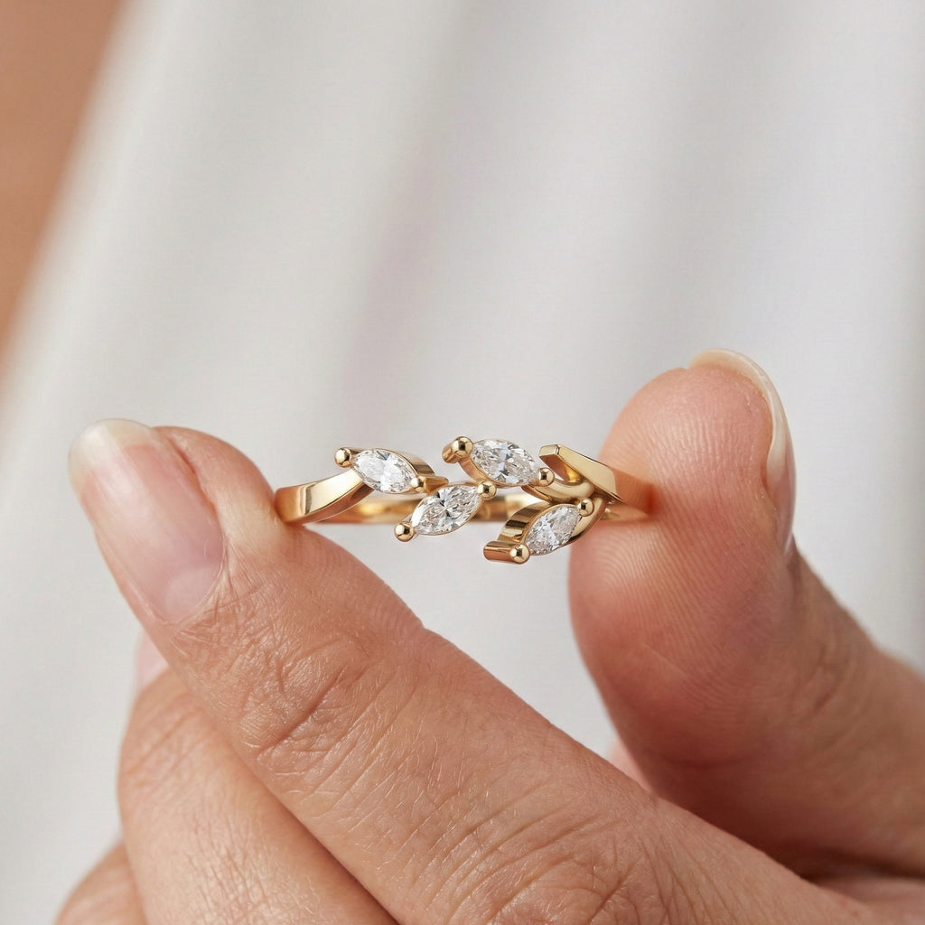 Floral Marquise Cluster Wedding Band in 14k Solid Gold, 0.40 TCW Marquise Cut Lab Created Diamonds, Anniversary Gift For Her, Everyday Band