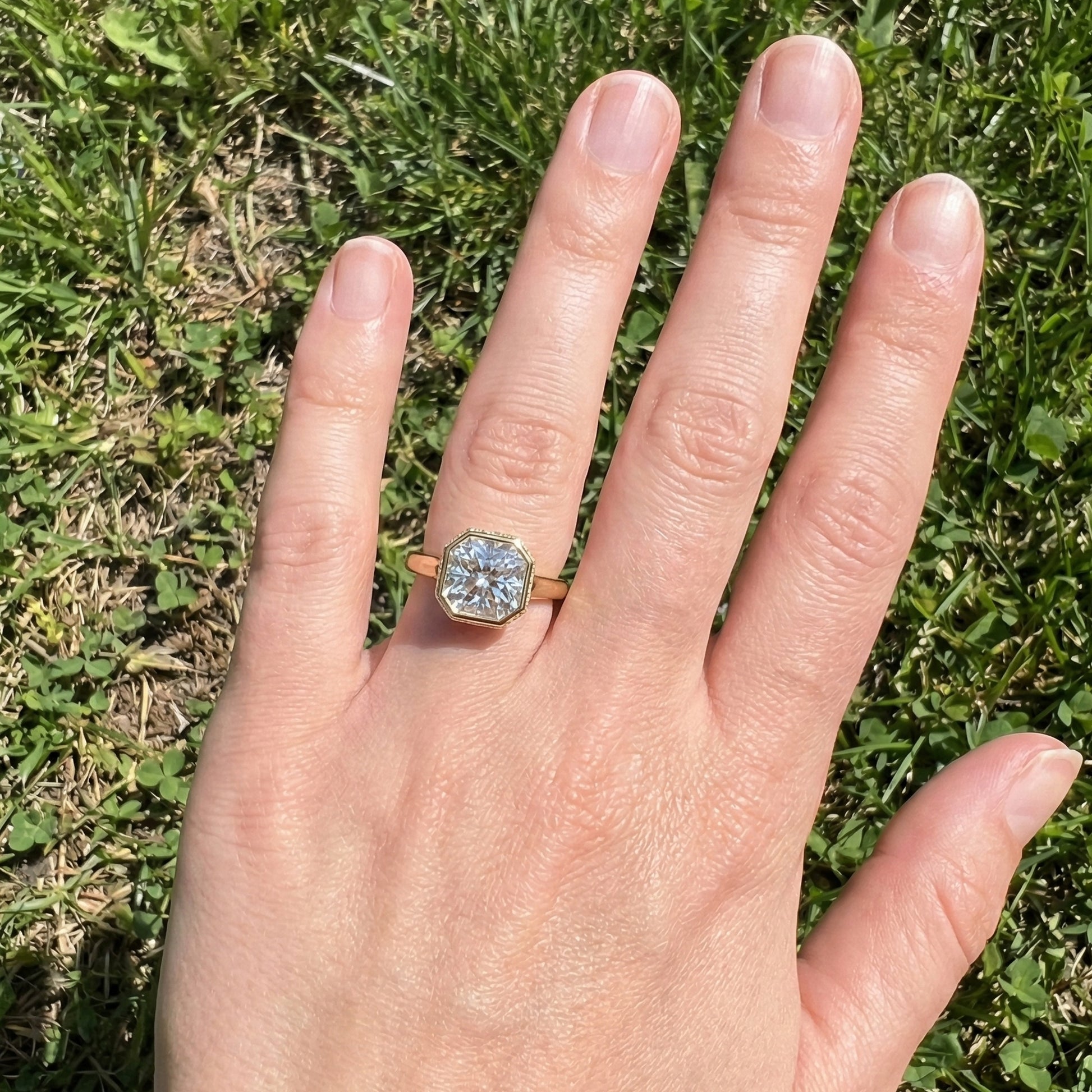 Bold Asscher Cut Bezel Hidden Halo Engagement Ring in Lab Grown Diamond – 18K Solid Gold, Tapered Band Geometric Solitaire Ring, Anniversary Gift for Wife
