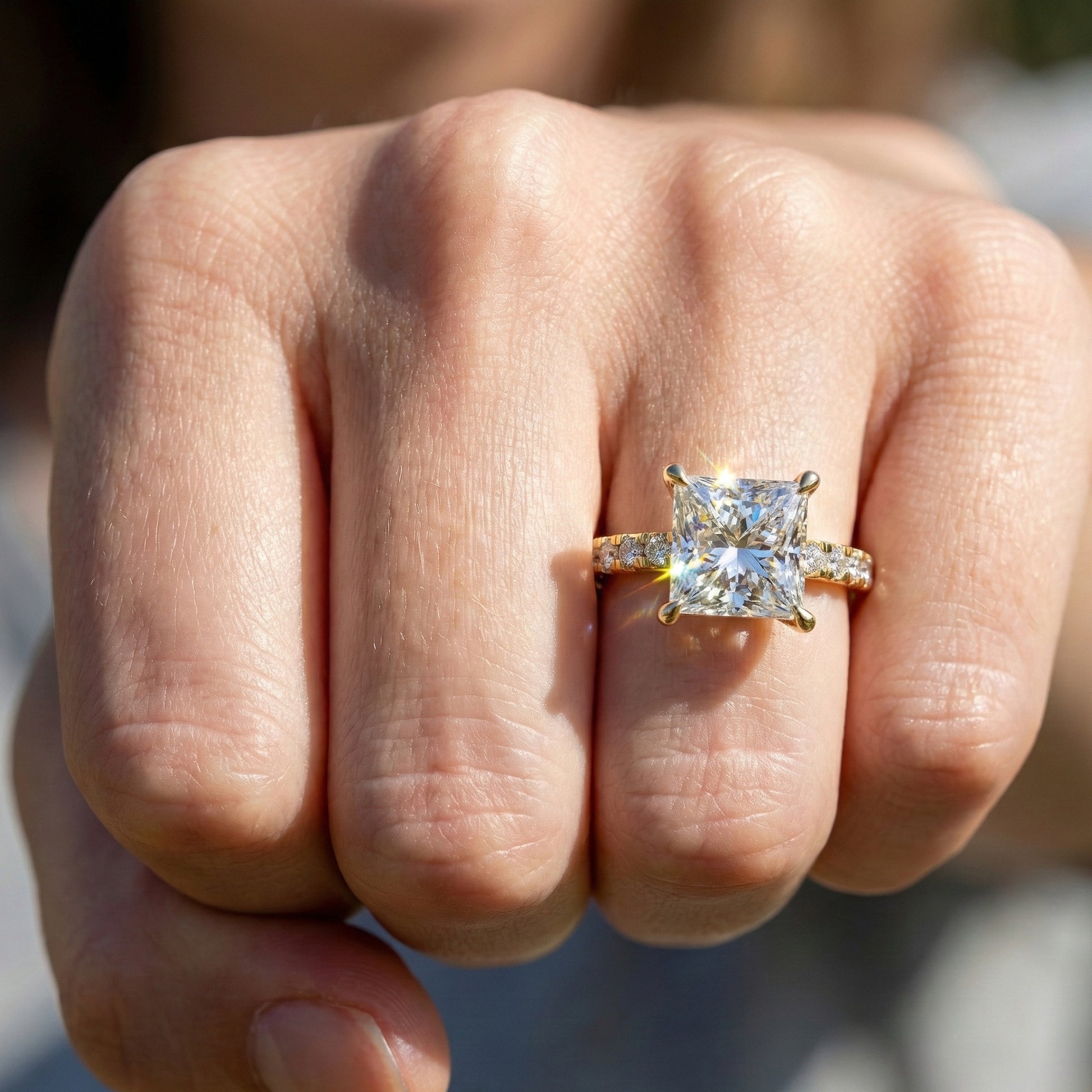 1.00 CT Princess Cut Pavé Band Solitaire Engagement Ring in Lab Grown Diamond - 14K Solid Gold, Bridal Gift for Her, Everyday Fine Jewelry