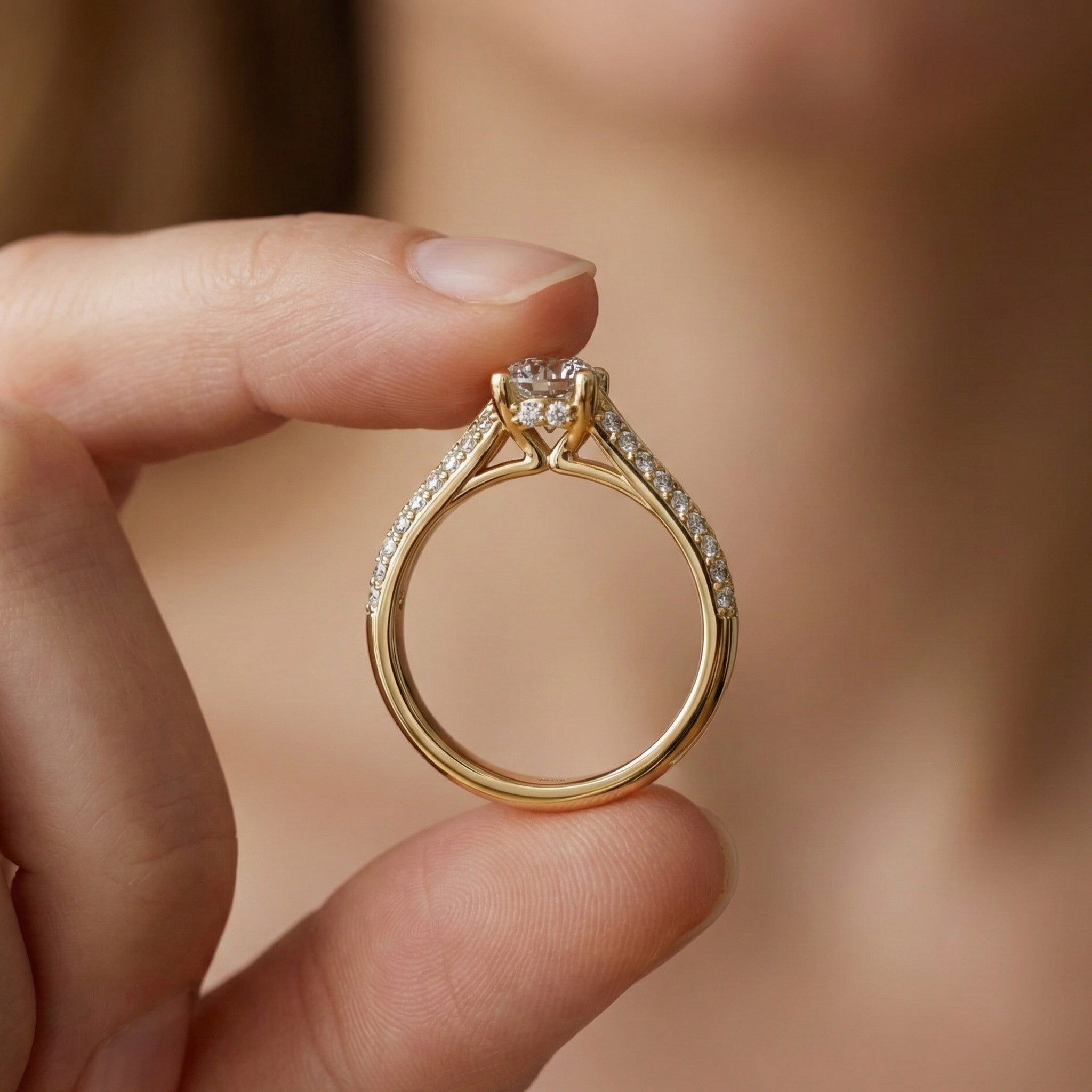 Double Raw Pavé Solitaire Engagement Ring in 14K Solid Gold, 0.82 TCW Round Cut Lab Diamonds, Romantic Gift for Wife, Everyday Jewelry