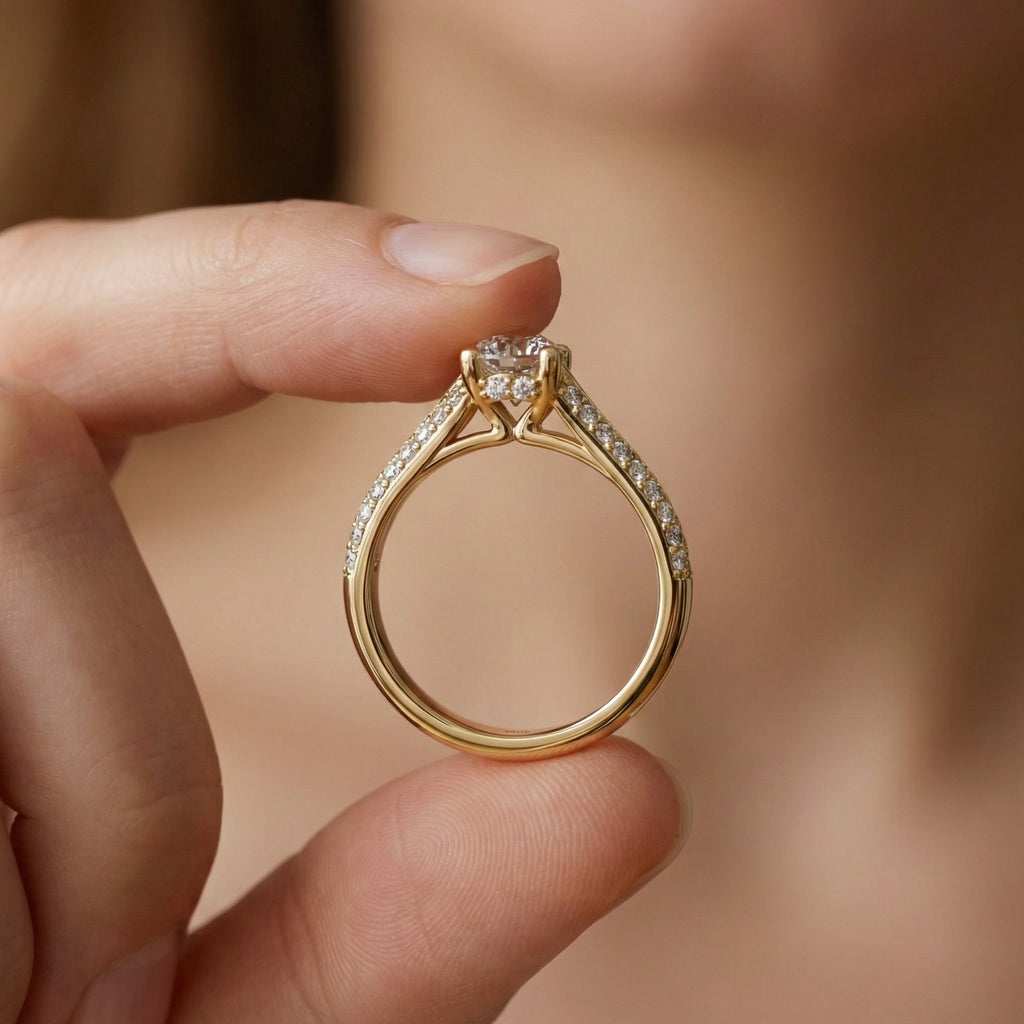 Double Raw Pavé Solitaire Engagement Ring in 14K Solid Gold, 0.82 TCW Round Cut Lab Diamonds, Romantic Gift for Wife, Everyday Jewelry