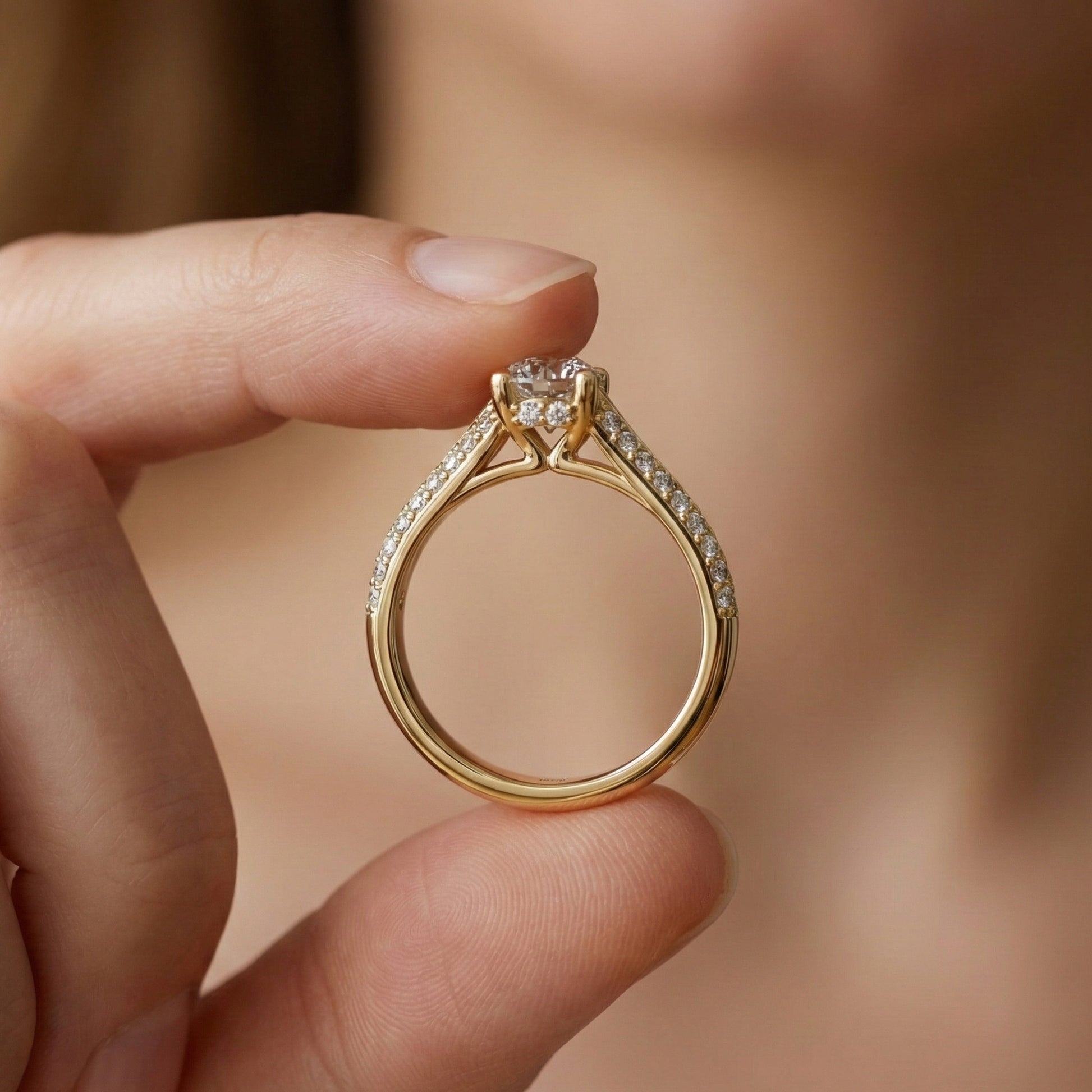 Double Raw Pavé Solitaire Engagement Ring in 14K Solid Gold, 0.82 TCW Round Cut Lab Diamonds, Romantic Gift for Wife, Everyday Jewelry