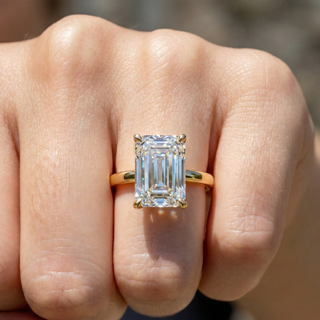Timeless Four Prong Hidden Halo Engagement Ring in 14K Solid Gold, 3.20 CT Emerald Cut Lab Created Diamond, Bridal Jewelry, Gift For Her