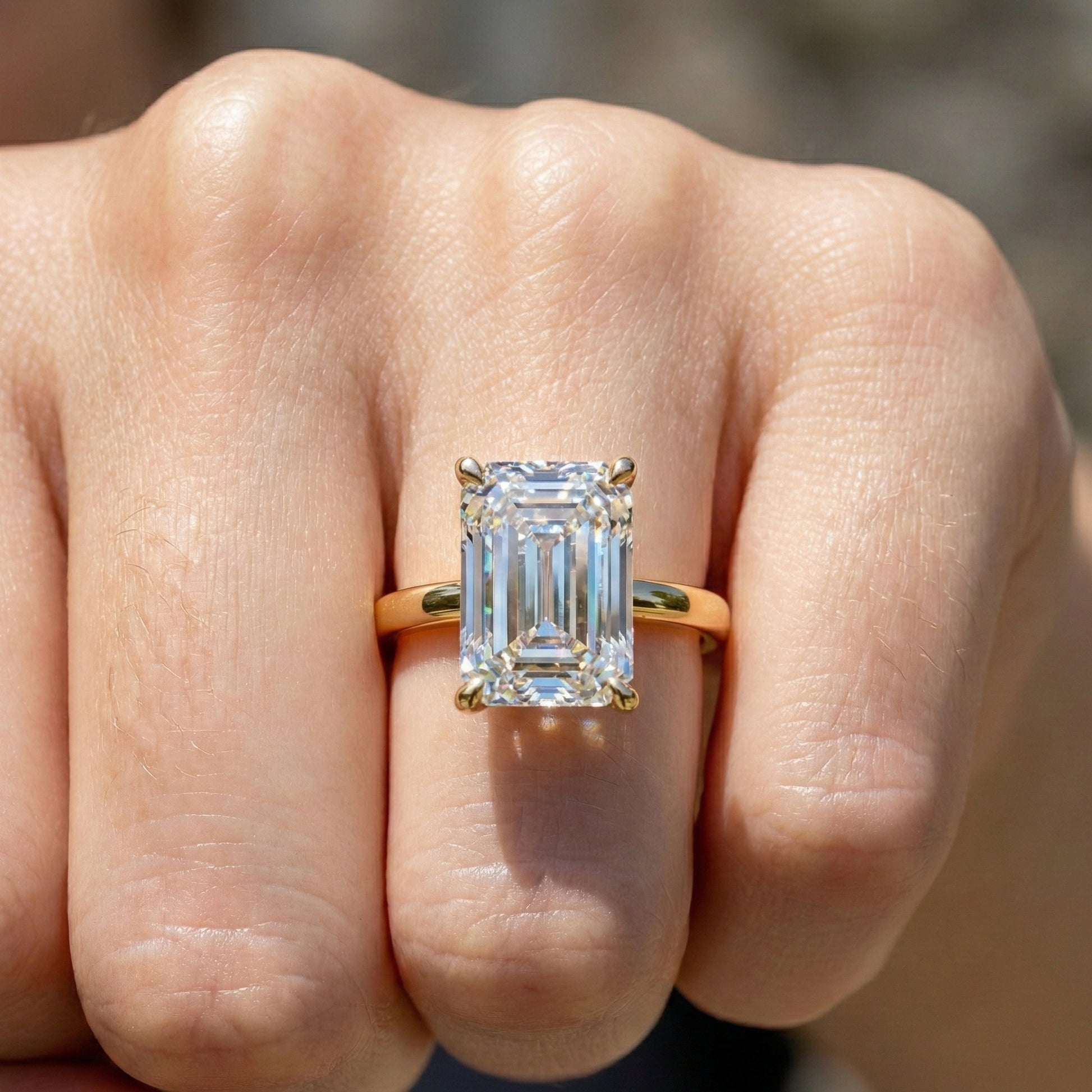 Timeless Four Prong Hidden Halo Engagement Ring in 14K Solid Gold, 3.20 CT Emerald Cut Lab Created Diamond, Bridal Jewelry, Gift For Her