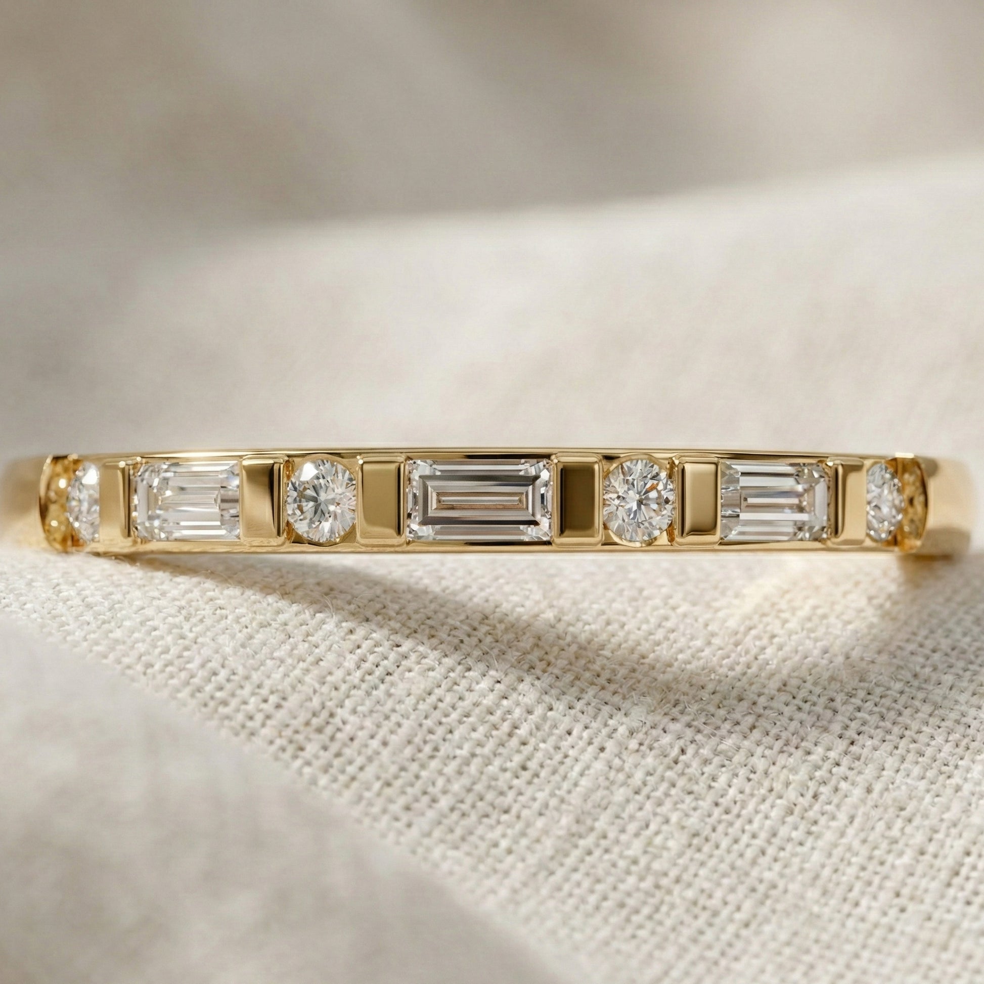 Half Eternity Bar Set Wedding Band in 14K Solid Gold, 0.23 TCW Baguette/Round Cut Lab Diamonds, Handmade Bridal Jewelry, Birthday Gift for Her