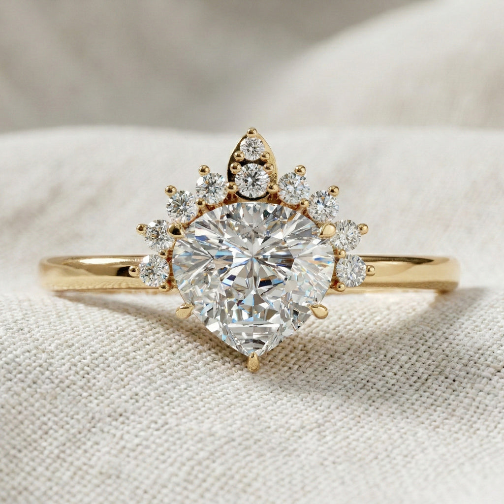 Crown Halo Pear Cut Cluster Engagement Ring in 18K Solid Gold, 0.95 TCW Lab Diamond Unique Wedding Bridal Jewelry, Anniversary Gift for Women