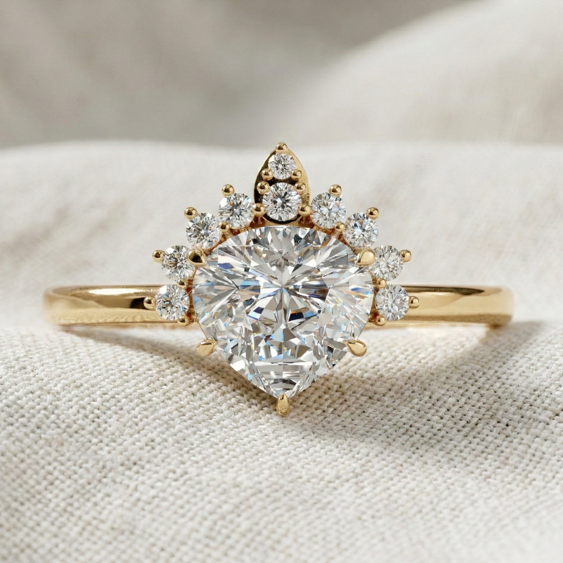 Crown Halo Pear Cut Cluster Engagement Ring in 18K Solid Gold, 0.95 TCW Lab Diamond Unique Wedding Bridal Jewelry, Anniversary Gift for Women