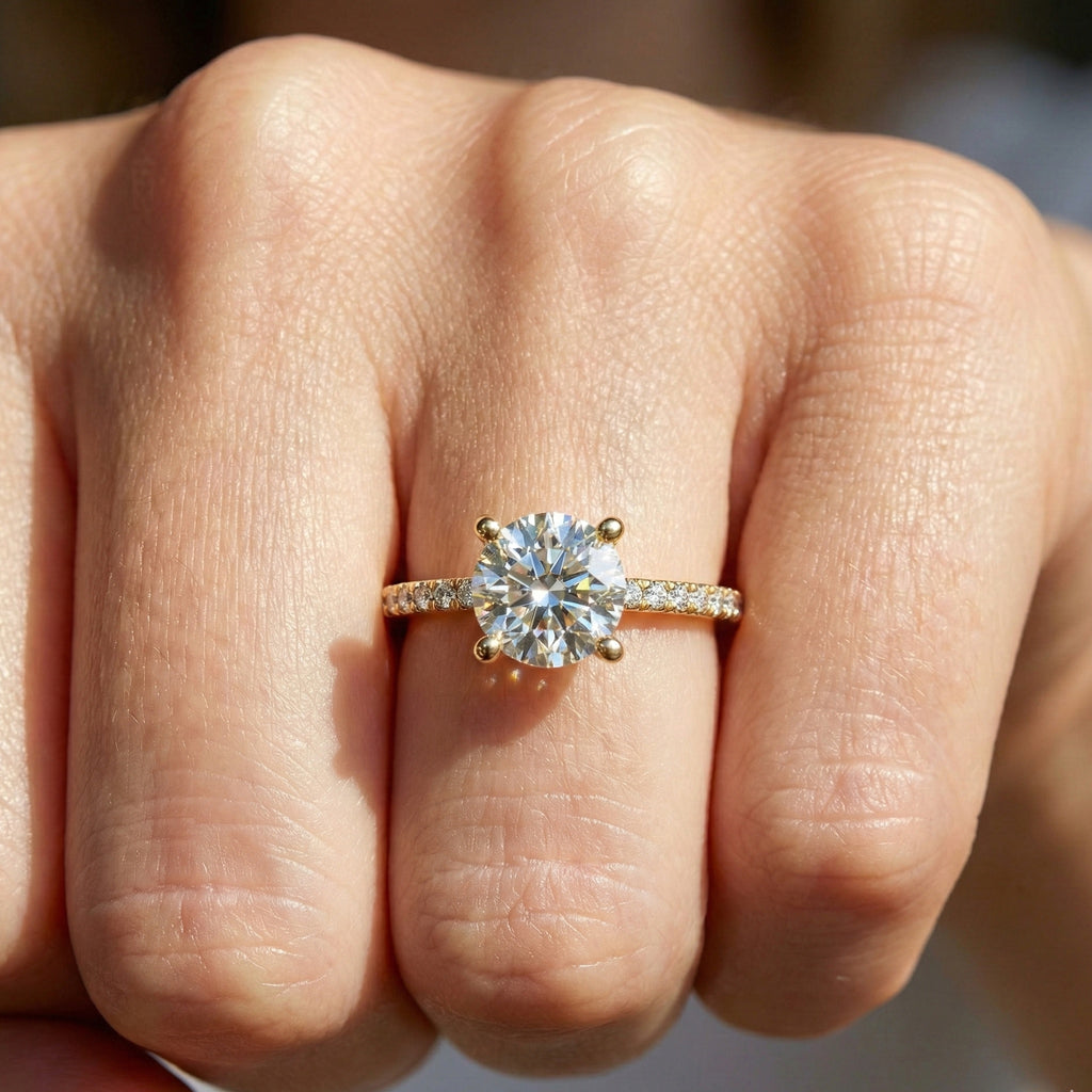 Dainty Pavé Solitaire Engagement Ring in 14K Solid Gold, 0.77 TCW Round Cut Lab Created Diamonds, Wedding Gift for Her, Daily Wear Ring