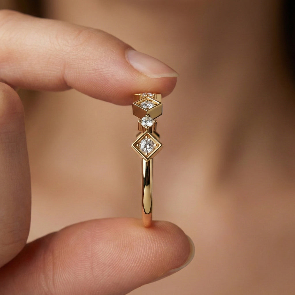 Art Deco Inspired Geometric Diamond Wedding Band in Lab Diamond-14k Solid Gold, Unique Band For Her,