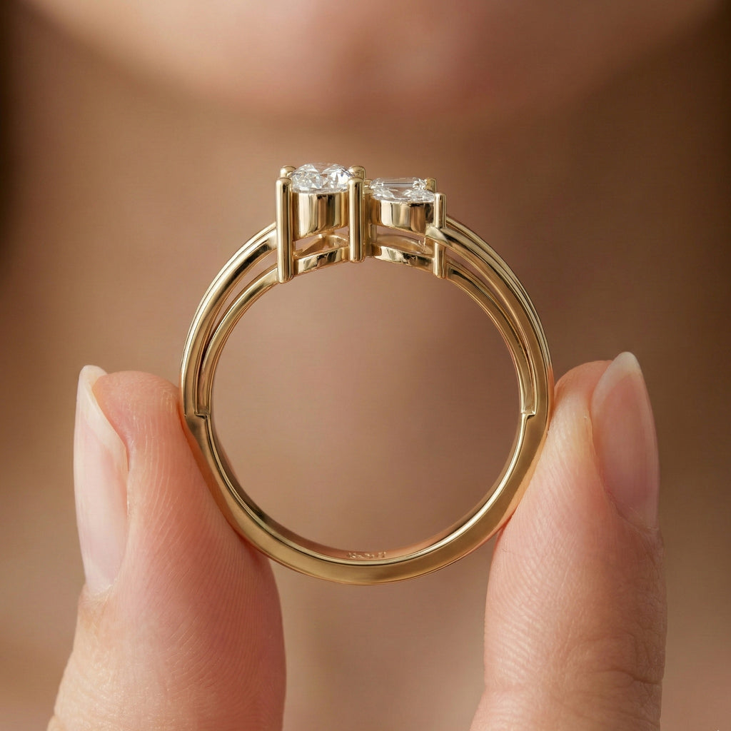 Sculpted Split Shank Three Stone Engagement Ring in 14K Solid Gold, 0.30 CT Pear Cut Lab Created Diamond, Gift for Her