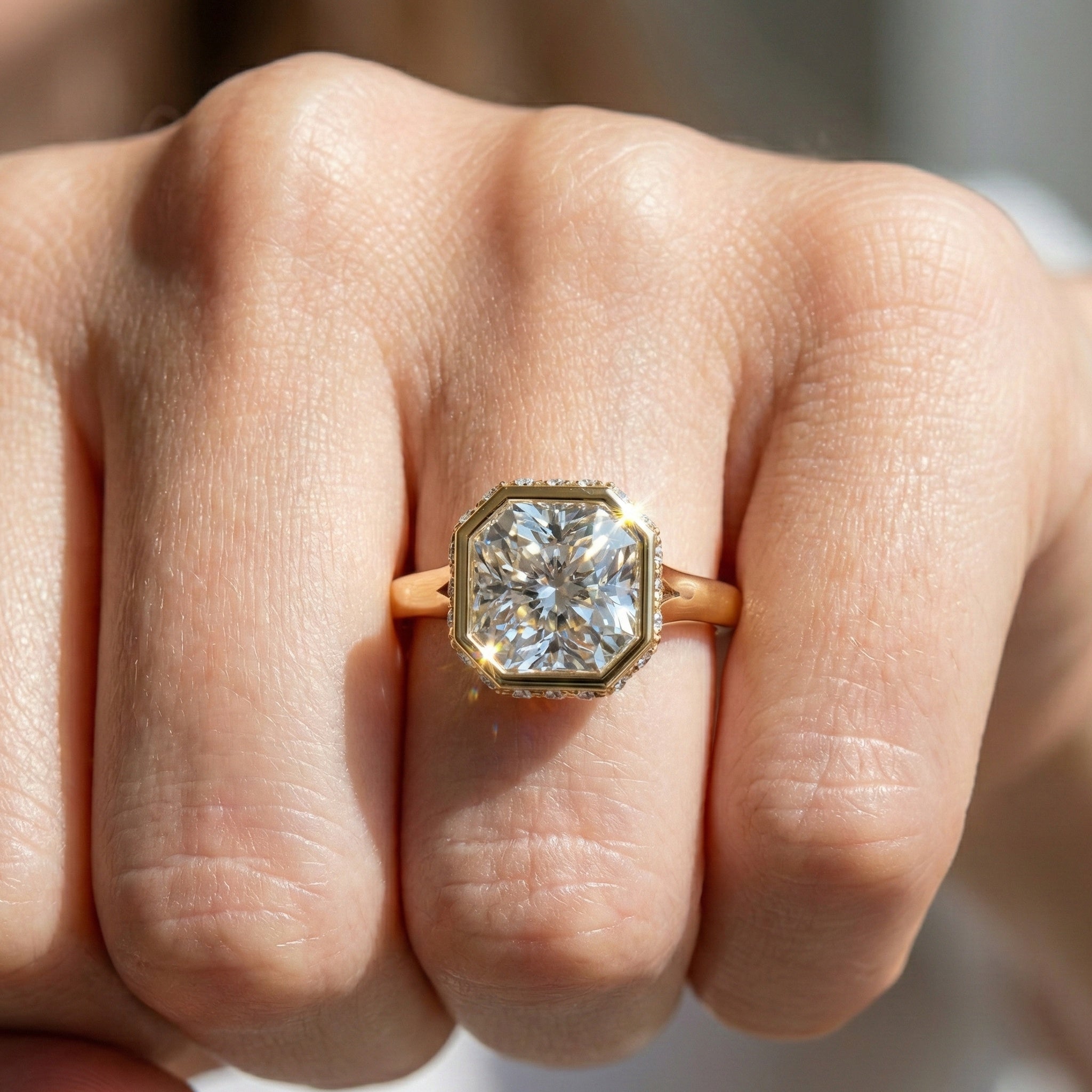 Bold Asscher Cut Bezel Hidden Halo Engagement Ring in Lab Grown Diamond – 18K Solid Gold, Tapered Band Geometric Solitaire Ring, Anniversary Gift for Wife