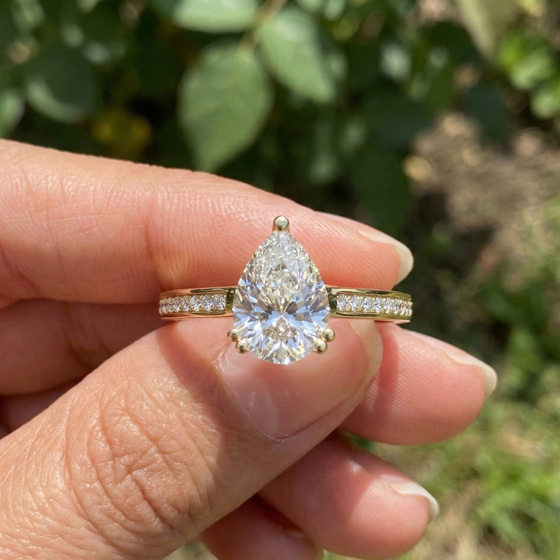 1.25 CT Pear Cut Hidden Halo Pave Engagement Ring in Lab Grown Diamond - 14K Solid Gold, Wedding Gift for Wife, Handmade Everyday Ring