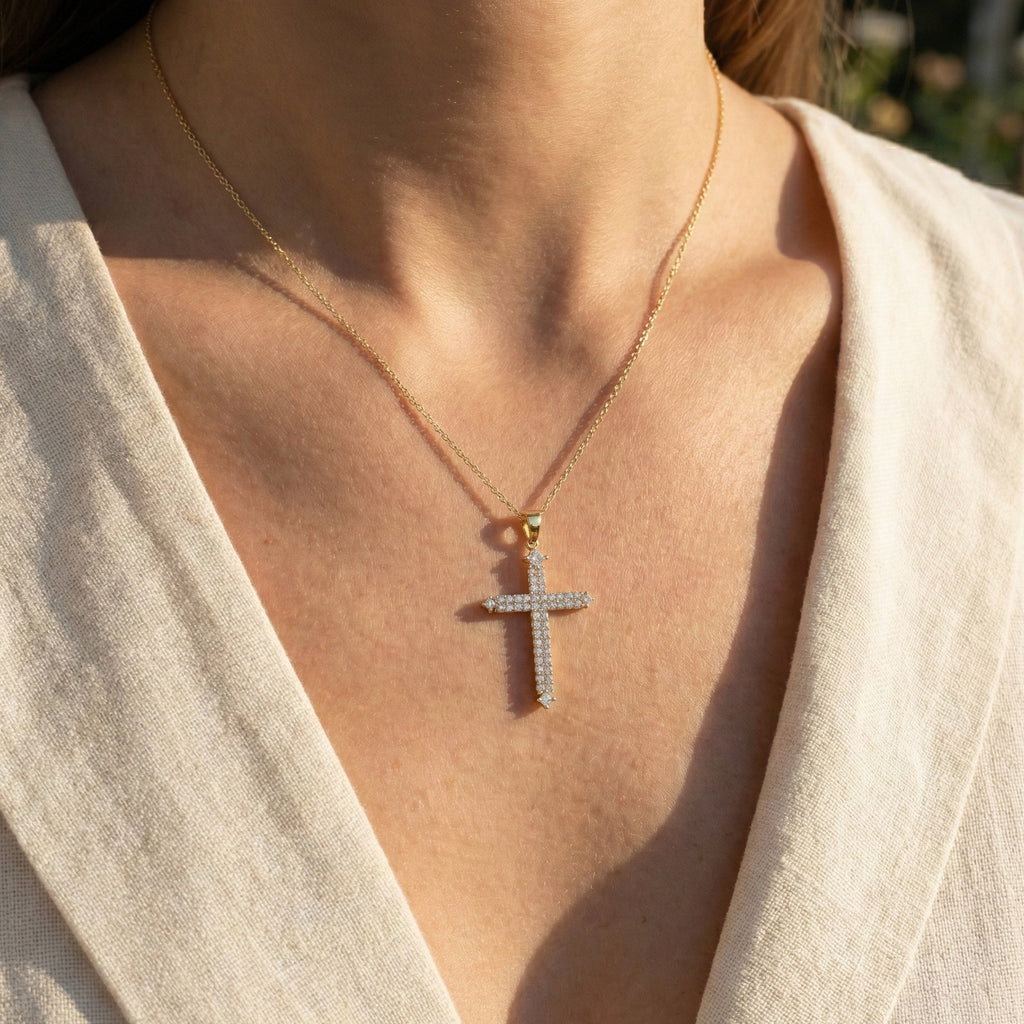 Elegant Pavé Cross Pendant Pendant in 14k Solid Gold, 0.57 TCW Round/Princess Cut Lab Diamonds, Anniversary Gift for Her