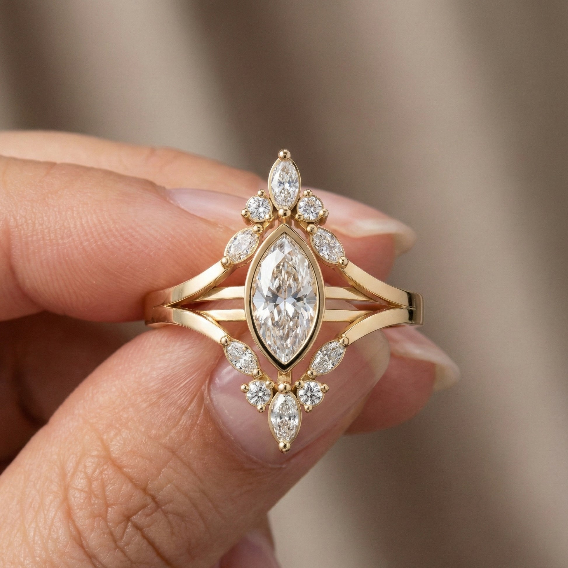 Splendid Marquise Cluster Halo Engagement Ring in 14k Solid Gold, 0.47 TCW Marquise/Round Cut Lab Created Diamonds, Anniversary Gift For Her, Everyday Ring