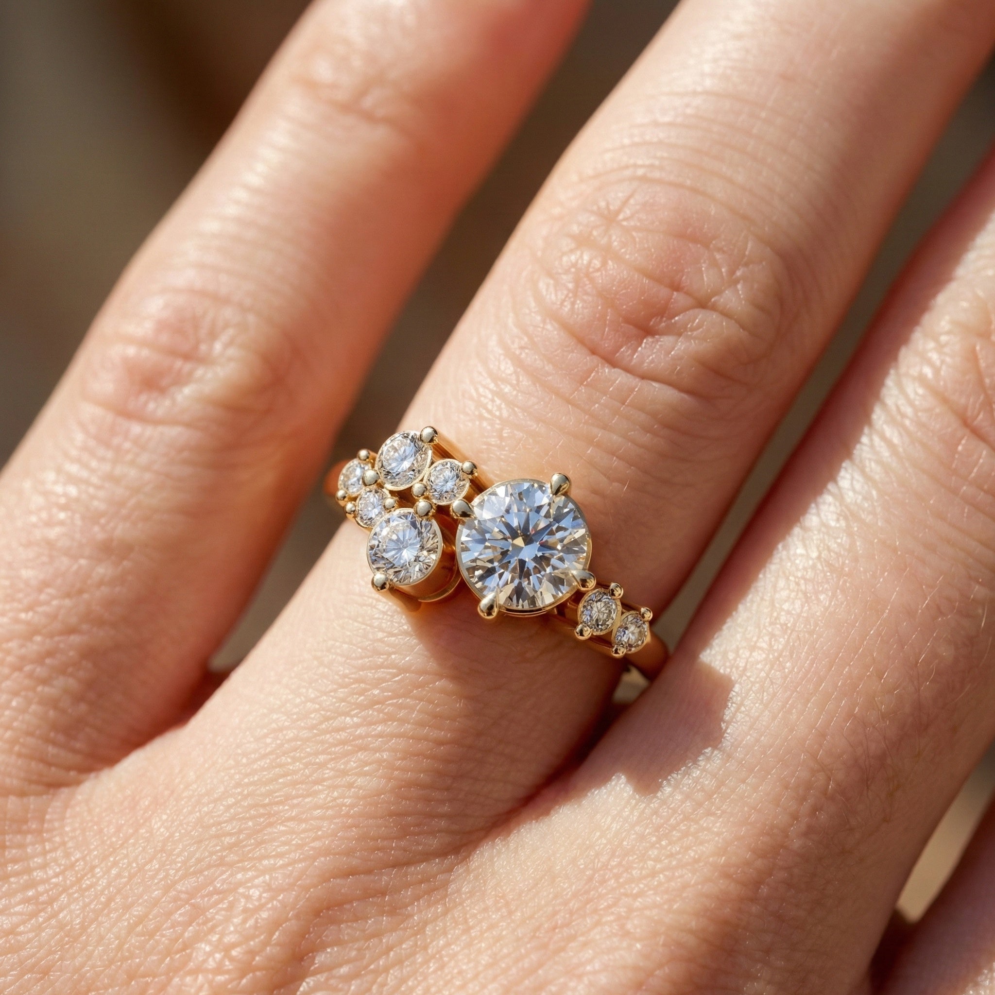 Asymmetrical Cluster Three Stone Engagement Ring in 14K Solid Gold, 0.70 CT Round Cut Lab Grown Diamond, Bridal Jewelry, Gift  For Her