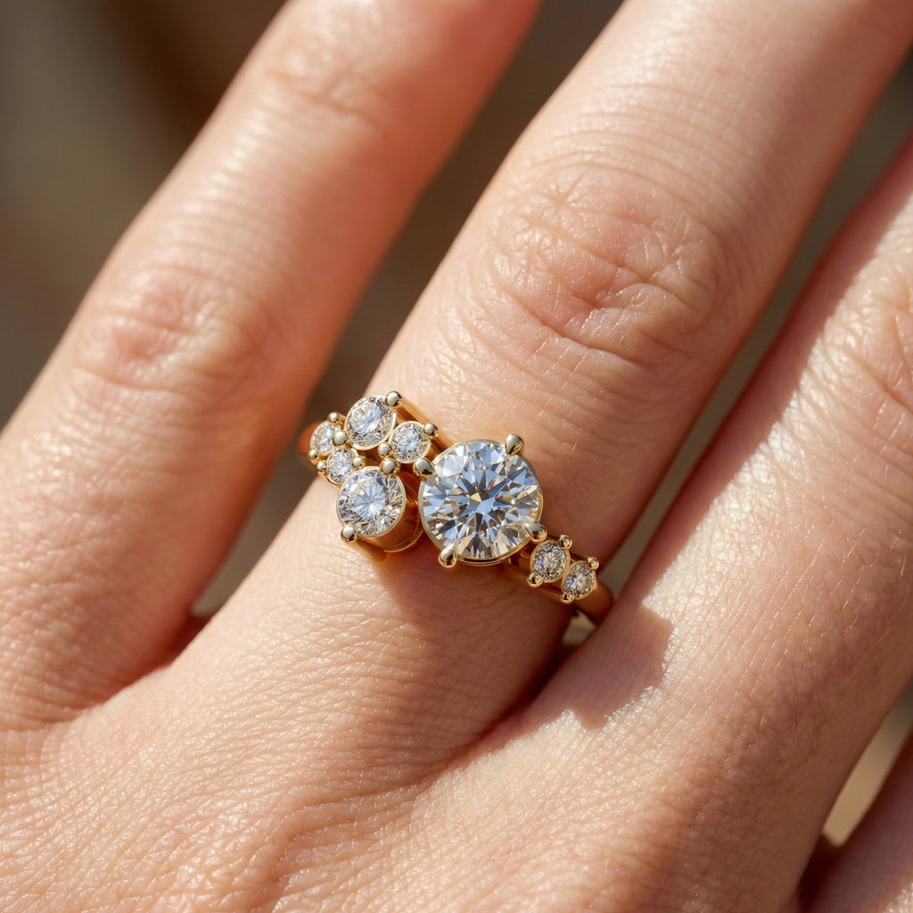 Asymmetrical Cluster Three Stone Engagement Ring in 14K Solid Gold, 0.70 CT Round Cut Lab Grown Diamond, Bridal Jewelry, Gift  For Her