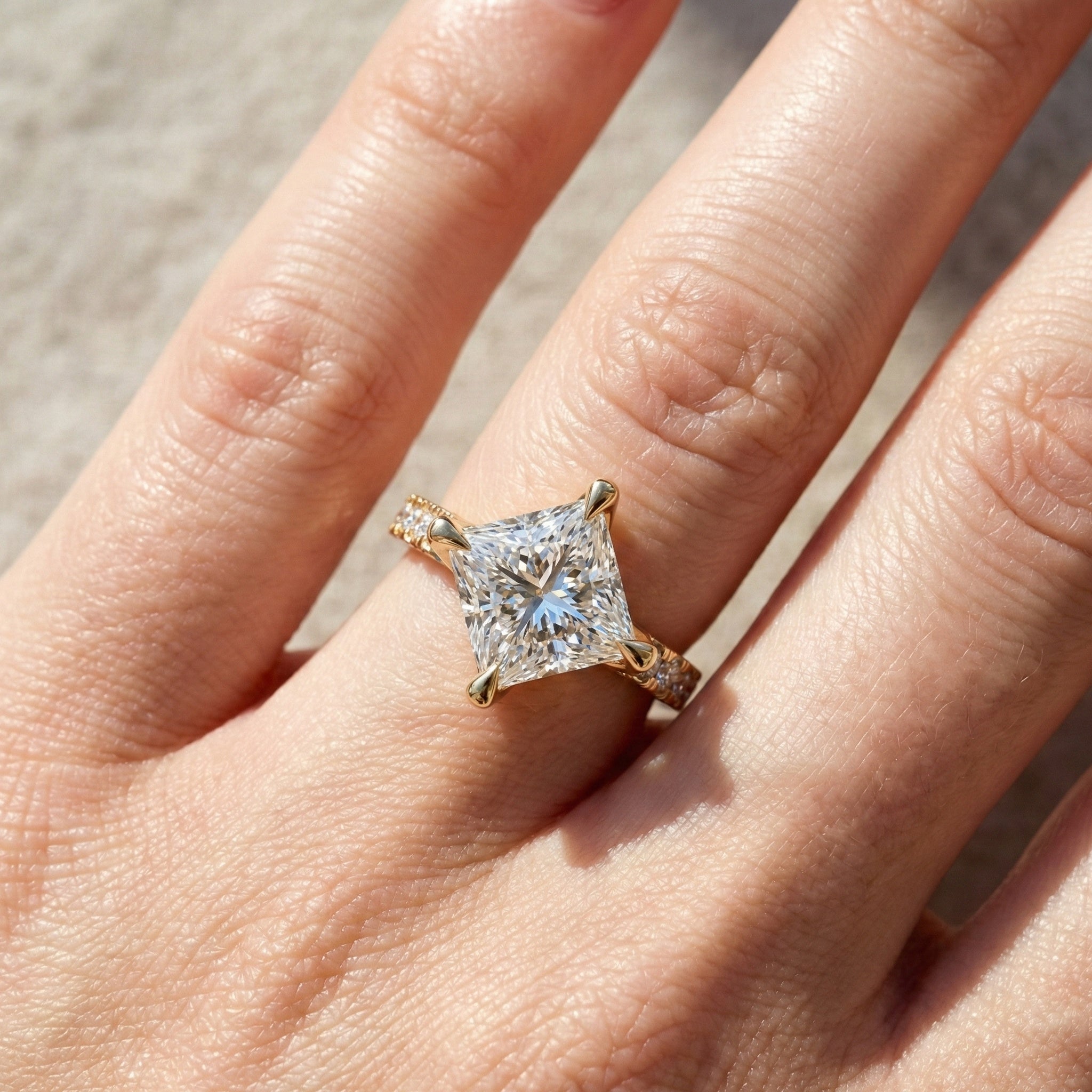 Princess Cut Pavé Solitaire Engagement Ring in 14K Solid Gold, 2.00 CT Princess Cut Lab Grown Diamond, Bridal Jewelry, Gift For Her