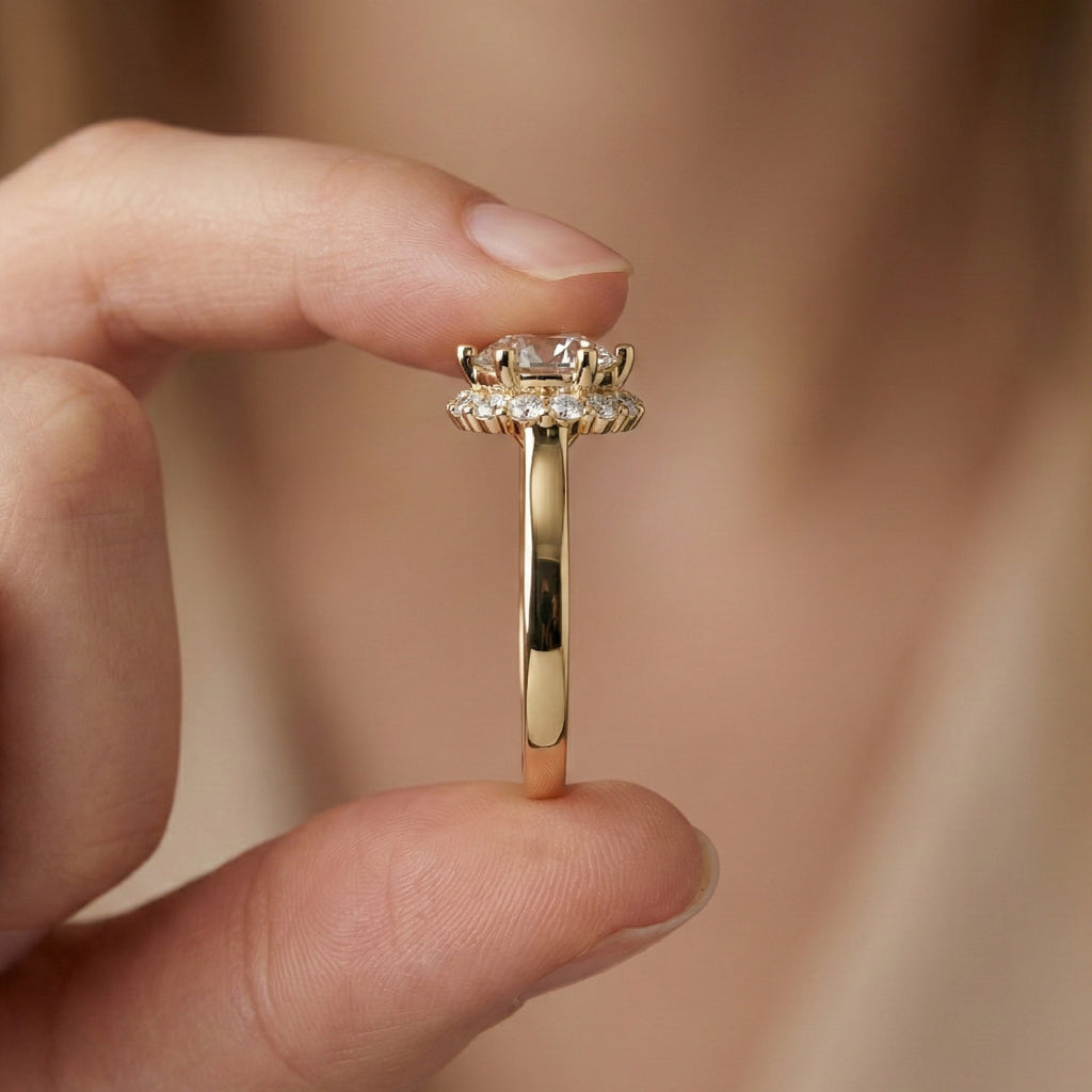 Dainty Round Halo Engagement Ring in 14K Solid Gold, 1.00 CT Round Cut Lab Created Diamond, Proposal Gift for Her