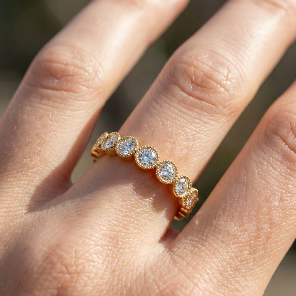 Vintage Bezel Set Wedding Eternity Band in Lab Grown Diamond-14k Solid Gold, Milgrain Ring for Her, Promise Ring