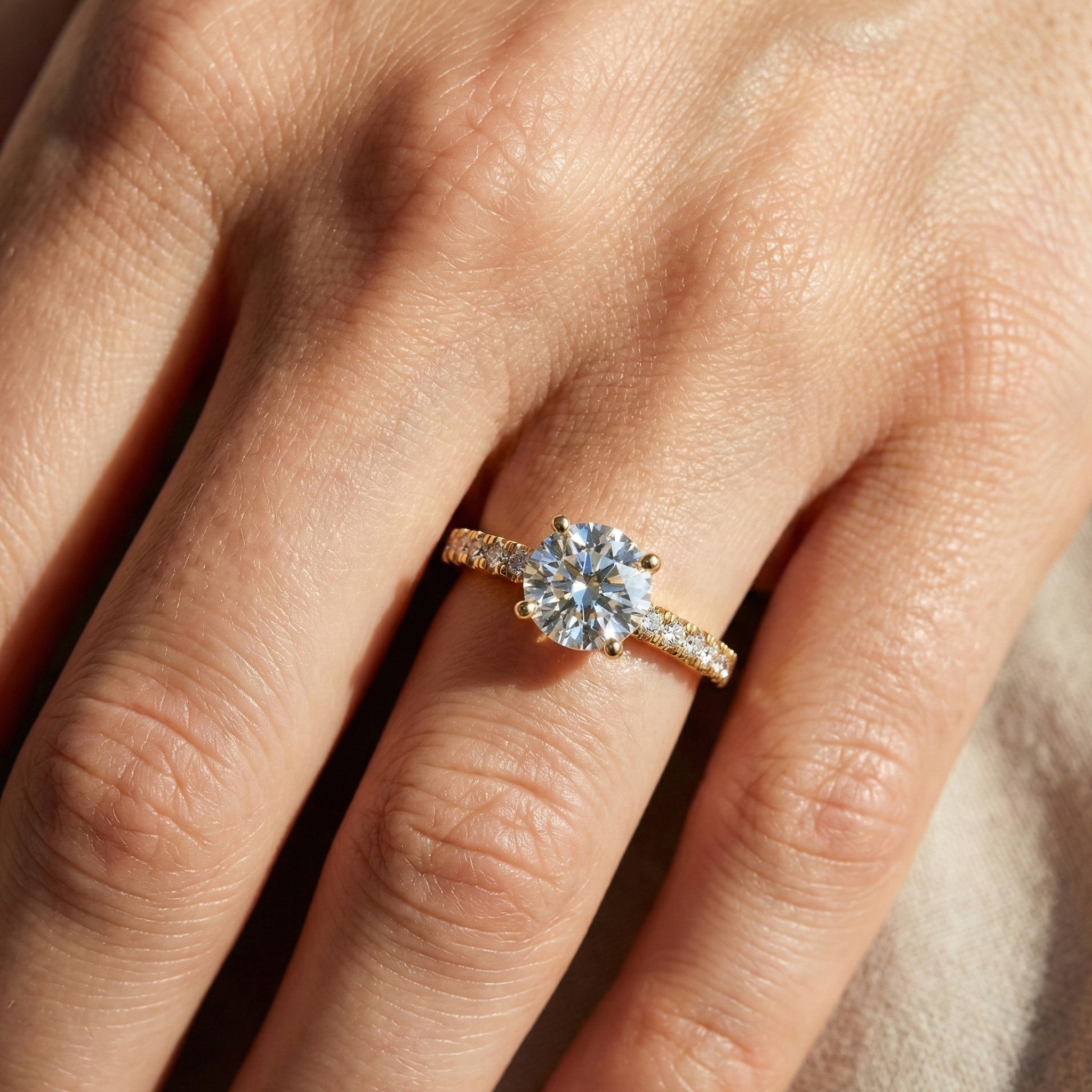 Classic Pavé Solitaire Engagement in 14K Solid Gold, 0.35 CT Round Cut Lab Created Diamond, Handmade Bridal Jewelry, Engagement Gift for Her