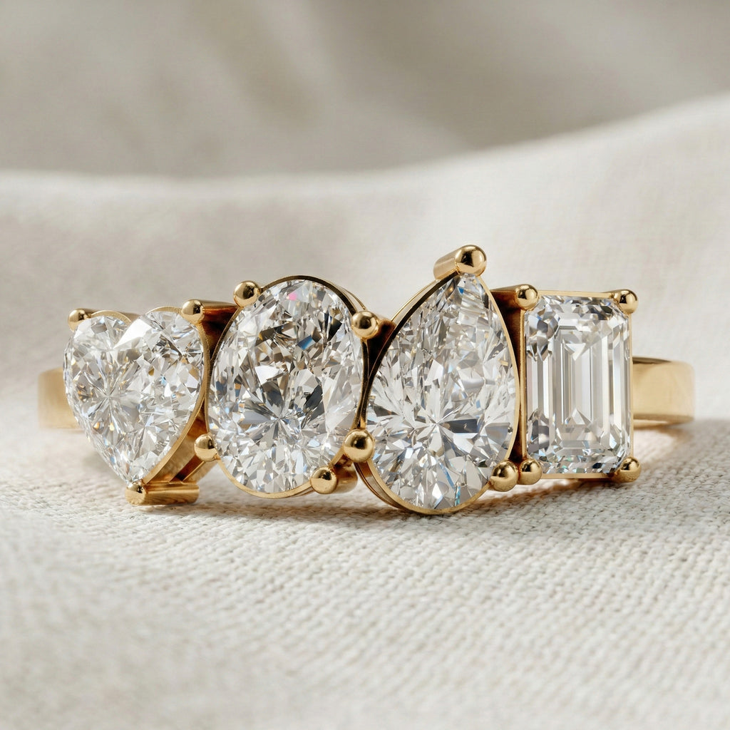 Four Stone East-West Engagement Ring in 14K Solid Gold, 1.99 TCW Heart/Oval/Pear/Emerald Cut Lab Grown Diamonds, Wedding Gift for Wife, Bridal Jewelry