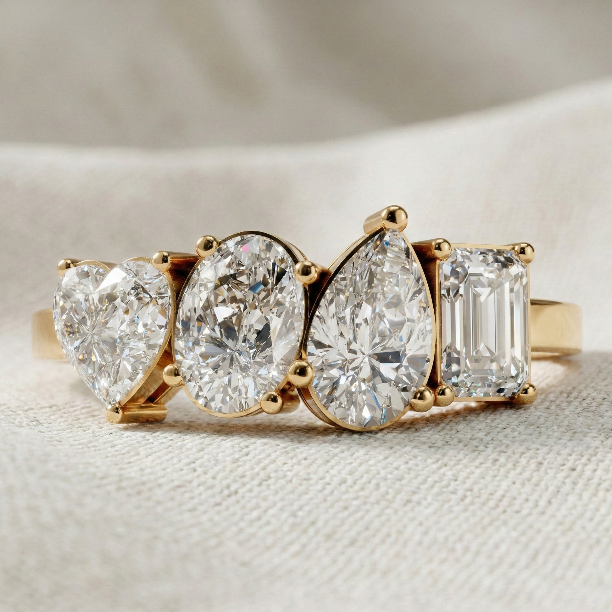 Four Stone East-West Engagement Ring in 14K Solid Gold, 1.99 TCW Heart/Oval/Pear/Emerald Cut Lab Grown Diamonds, Wedding Gift for Wife, Bridal Jewelry