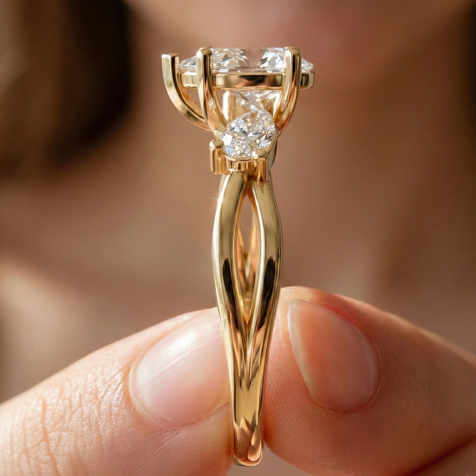 Unique Twisted Three Stone Engagement Ring in 14K Solid Gold, 1.30 TCW Pear Cut Lab Created Diamonds, Birthday Gift For Wife, Handmade Fine Jewelry