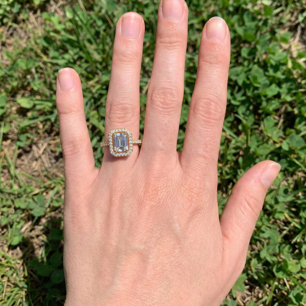 Unique Statement Halo Engagement Ring in 14K Solid Gold, 1.00 CT Emerald Cut Lab Created Diamond, Anniversary Gift For Wife, Handmade Jewelry