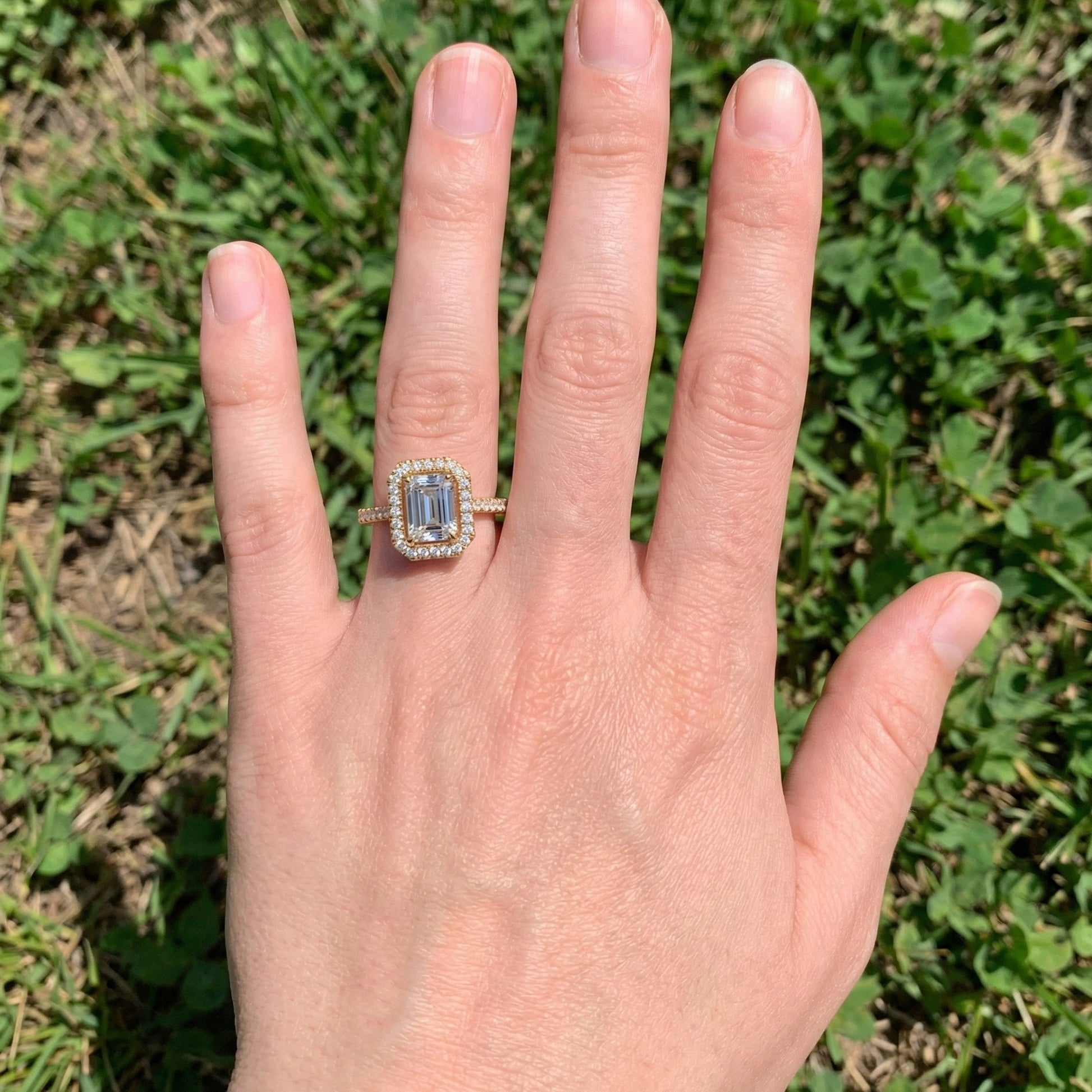 Unique Statement Halo Engagement Ring in 14K Solid Gold, 1.00 CT Emerald Cut Lab Created Diamond, Anniversary Gift For Wife, Handmade Jewelry