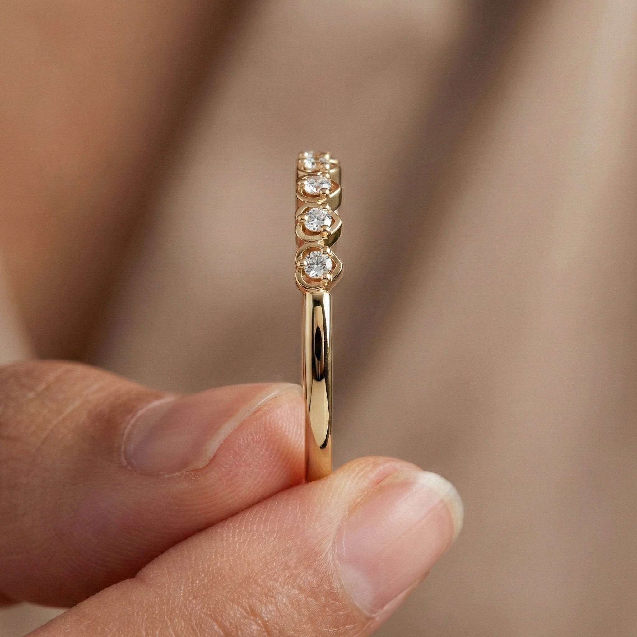 Heart Patterned Slim Stacker Wedding Ring in 14K Solid Gold, 0.07 TCW Round Cut Lab Created Diamonds, Everyday Ring, Birthday Gift For Her