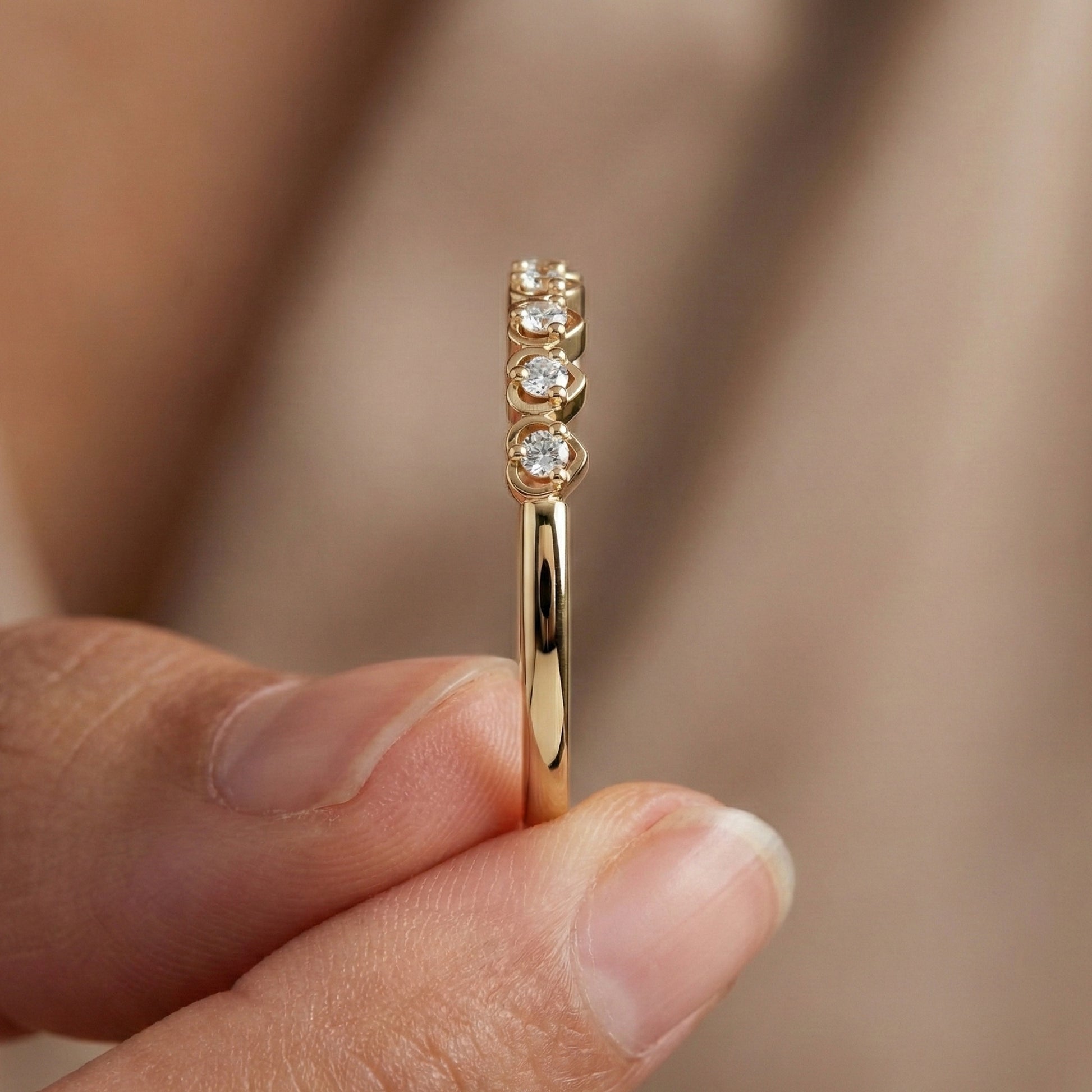 Heart Patterned Slim Stacker Wedding Ring in 14K Solid Gold, 0.07 TCW Round Cut Lab Created Diamonds, Everyday Ring, Birthday Gift For Her