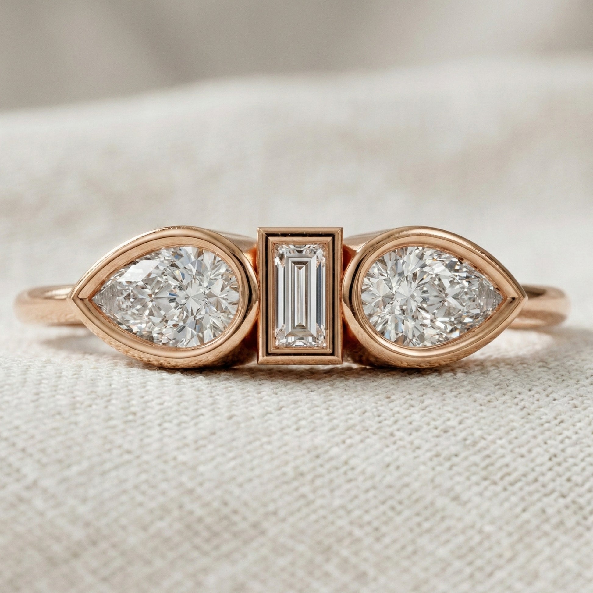 Unique Bezel Set Three Stone Engagement Ring in 14K Solid Gold, 0.36 TCW Pear/Baguette Cut Lab Created Diamonds, Birthday Gift for Her, Daily Wear Ring