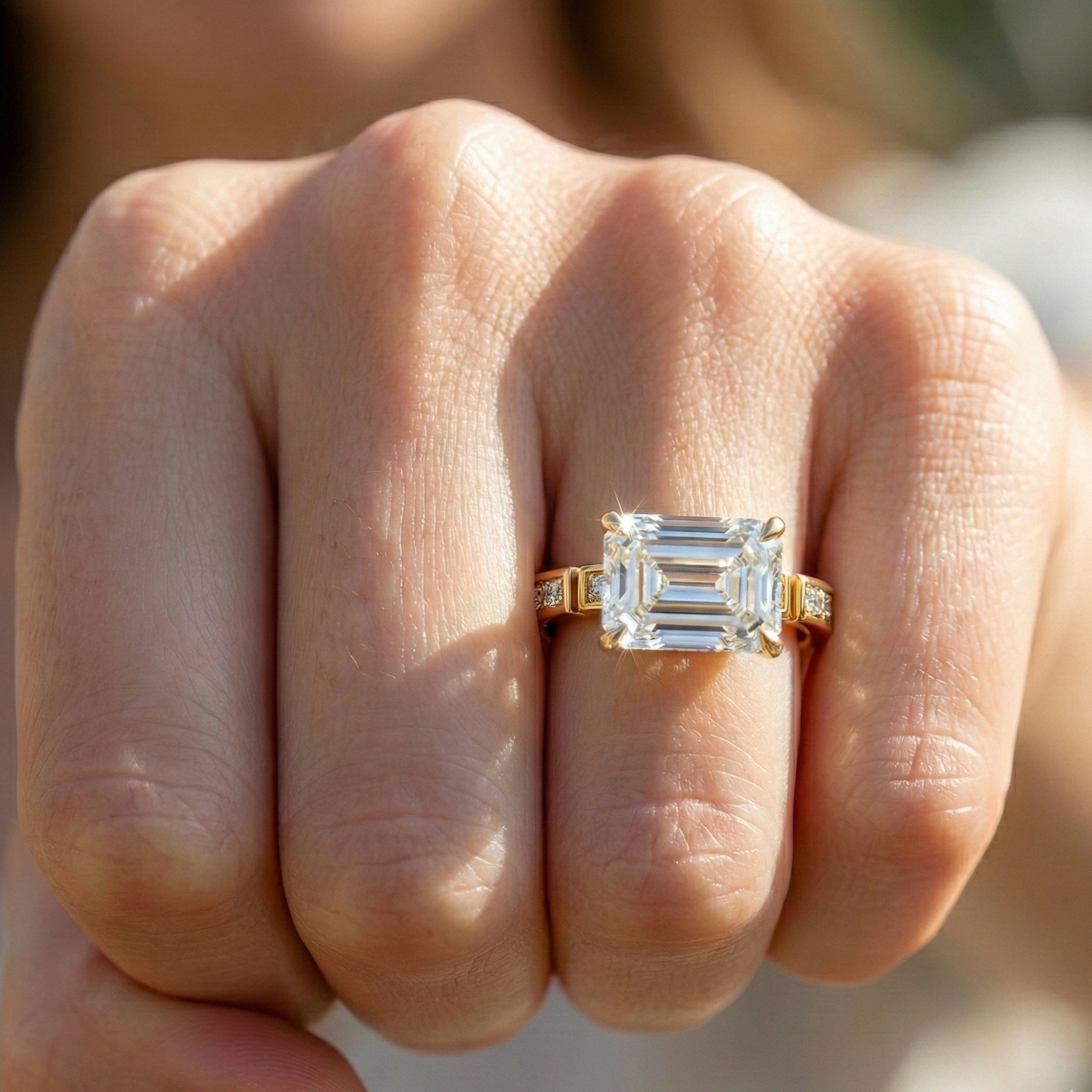 Emerald Cut Segmented Pavé Engagement Ring in 14K Solid Gold, 1.75 CT Emerald Cut Lab Created Diamond, Bridal Jewelry, Birthday Gift For Her