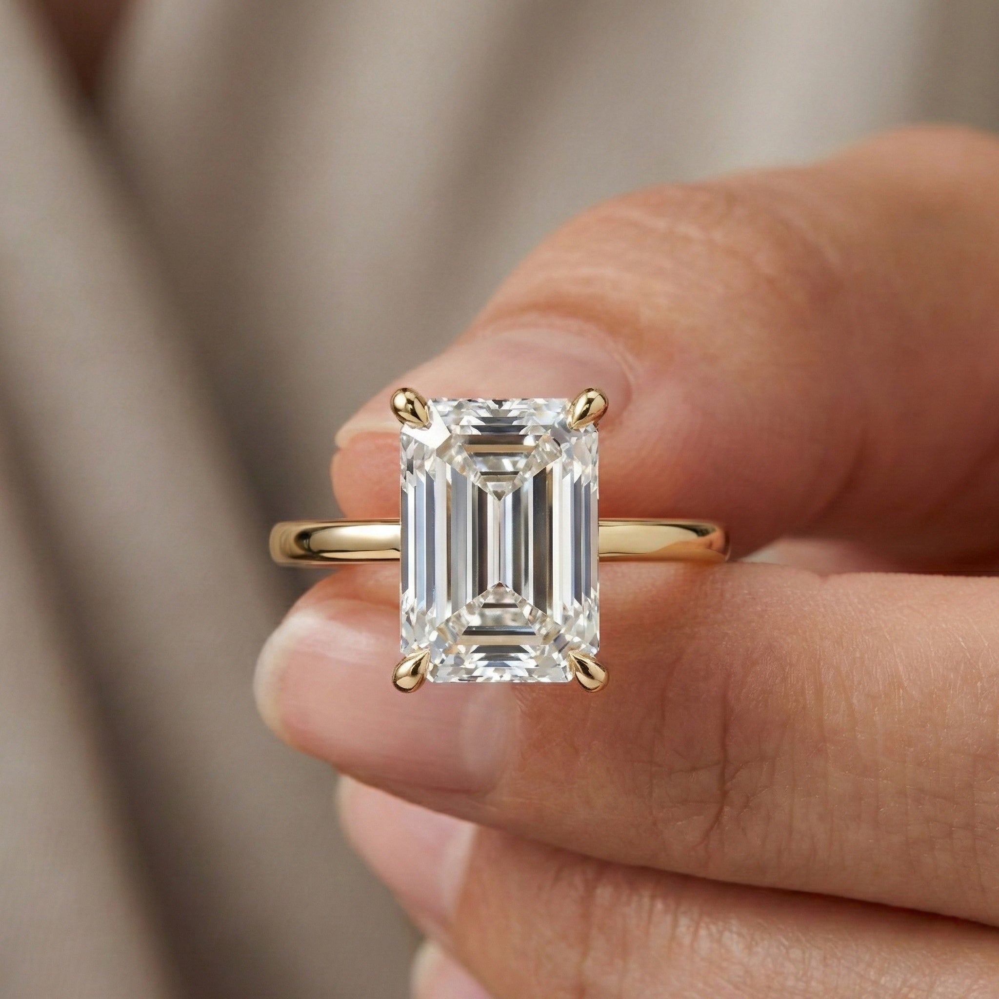 Timeless Four Prong Hidden Halo Engagement Ring in 14K Solid Gold, 3.20 CT Emerald Cut Lab Created Diamond, Bridal Jewelry, Gift For Her