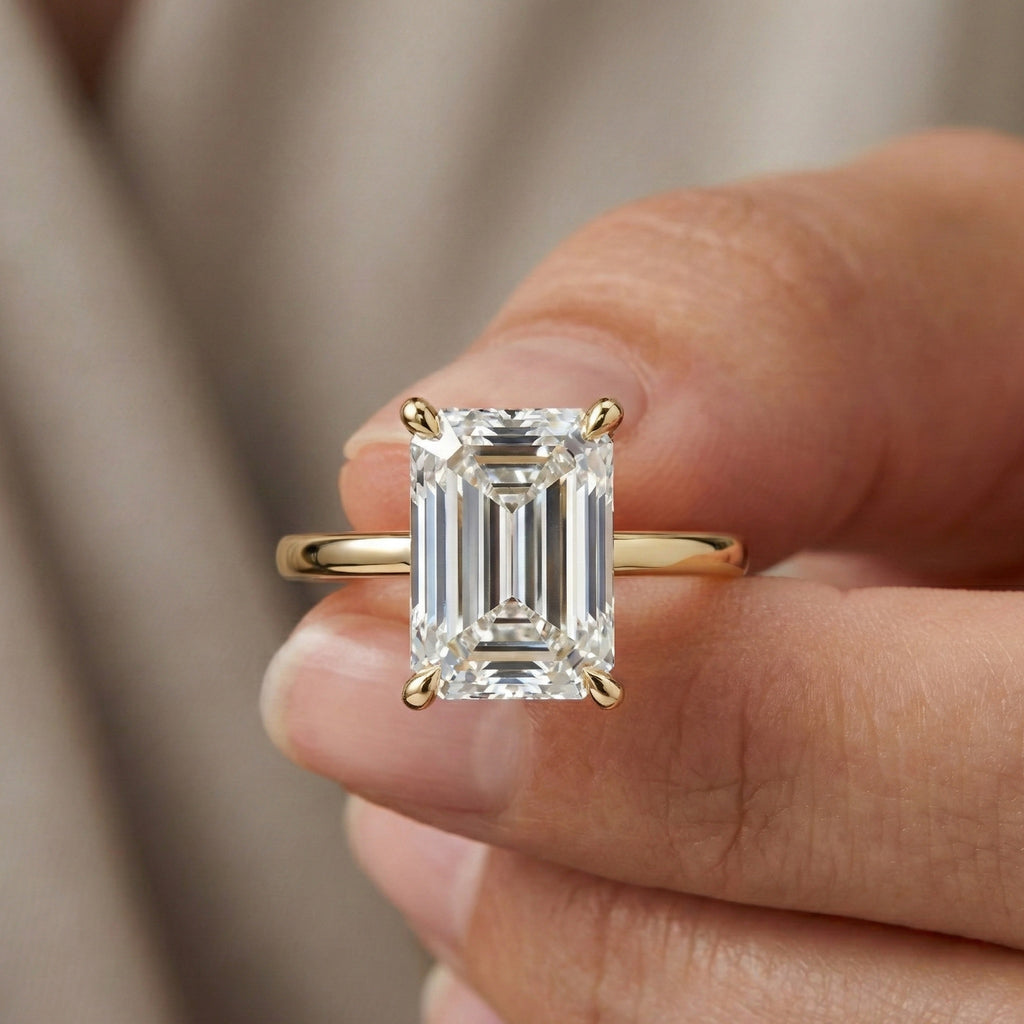 Timeless Four Prong Hidden Halo Engagement Ring in 14K Solid Gold, 3.20 CT Emerald Cut Lab Created Diamond, Bridal Jewelry, Gift For Her