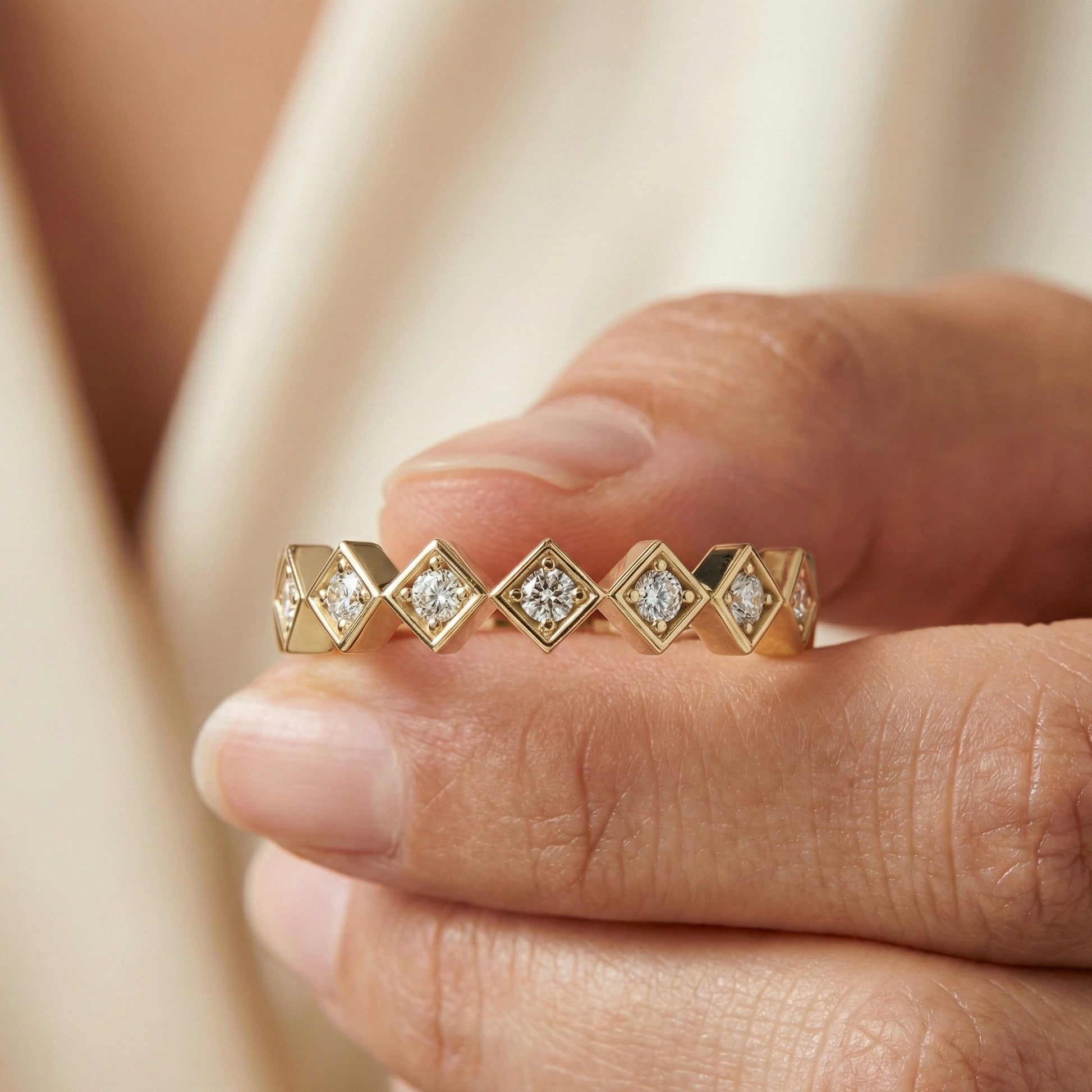 Contemporary Square Station Wedding Band in 14K Solid Gold, 0.07 TCW Round Cut Lab Grown Diamonds, Wedding Stacking Band, Graduation Gift for Her