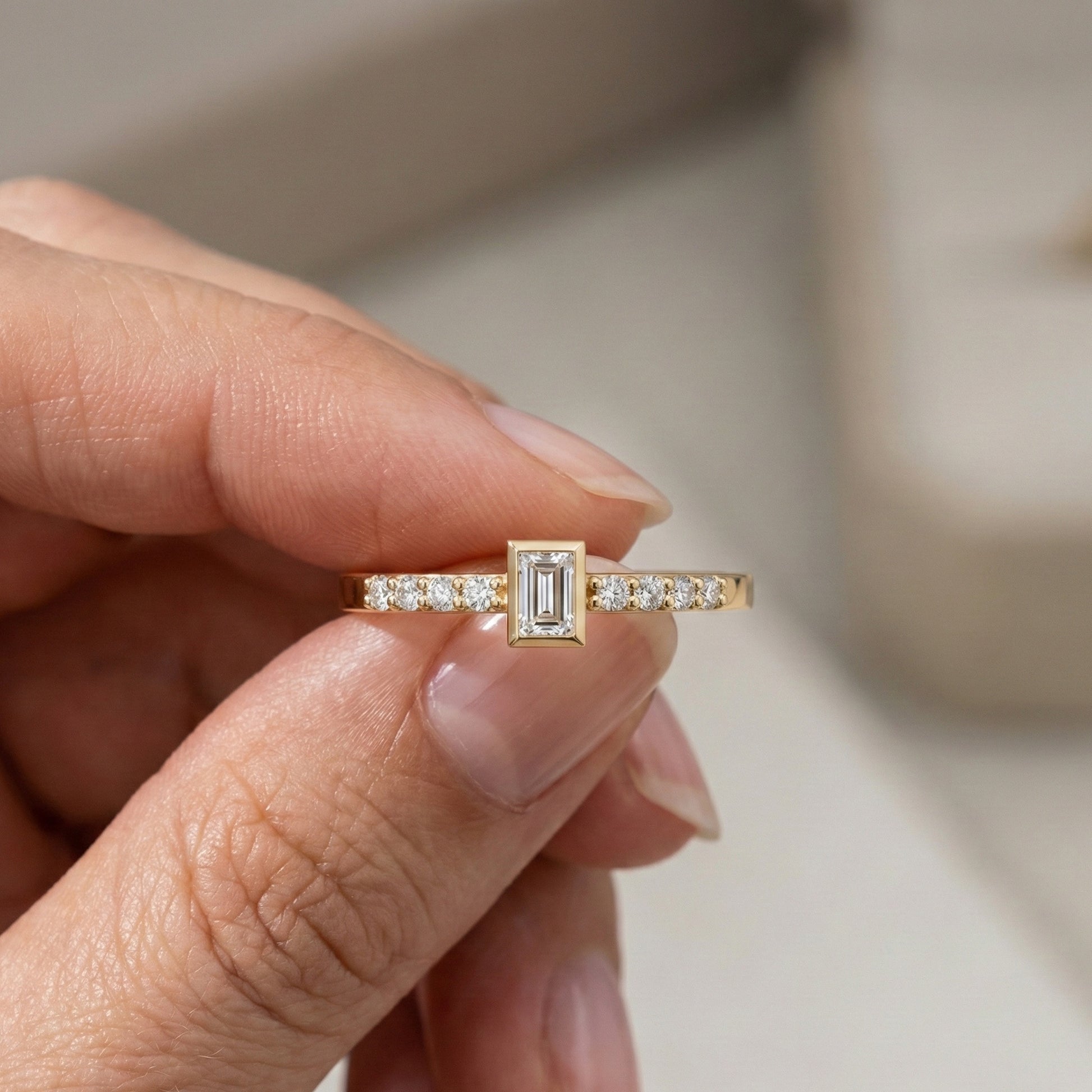 Art Deco Baguette Stacker Wedding Ring in 14K Solid Gold, 0.09 TCW Baguette/Round Cut Lab Created Diamonds, Birthday Gift For Her, Christmas Gift