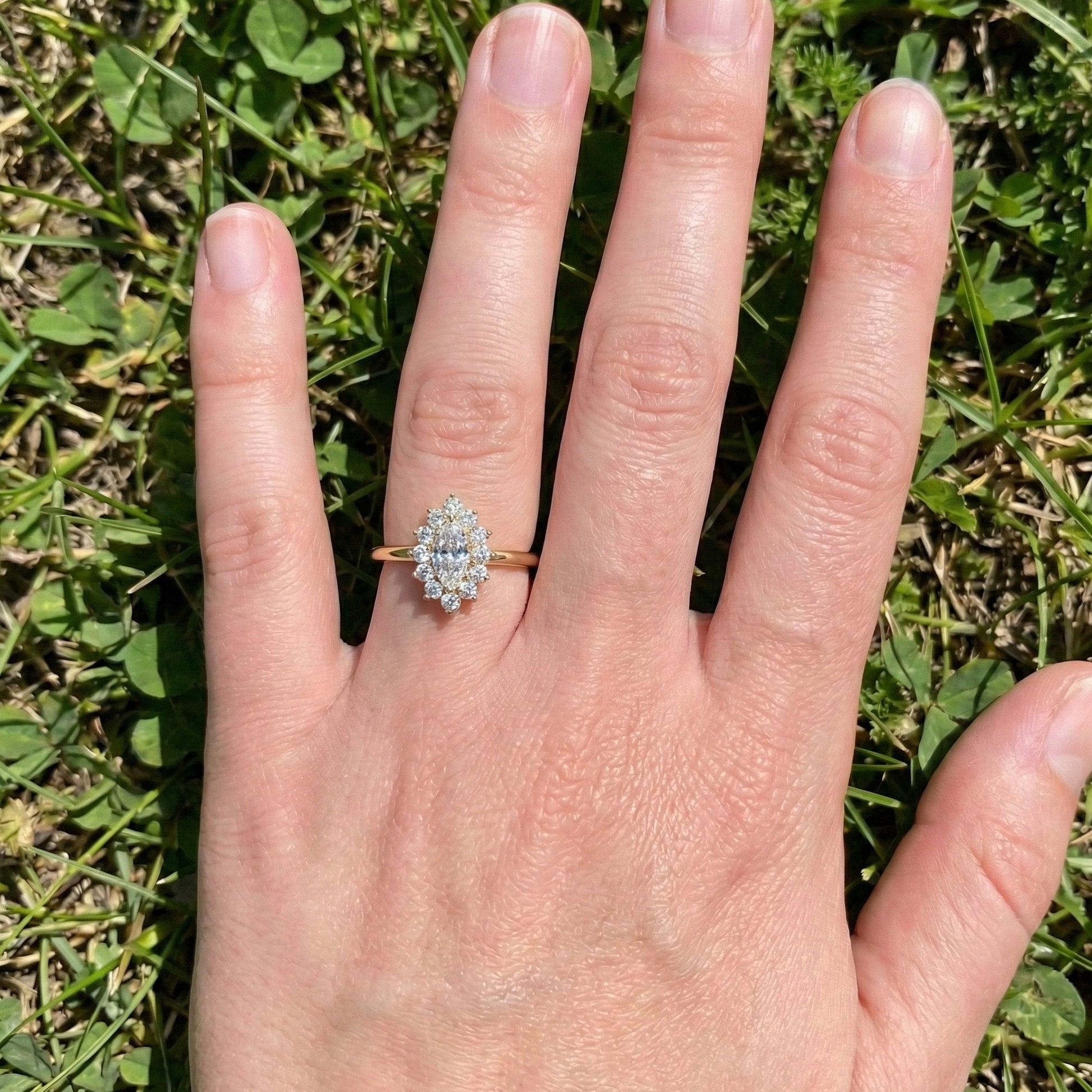 Marquise Floral Halo Cluster Engagement Ring in 14k Solid Gold, Unique Halo Wedding Band, Birthday Gift for Wife, Handmade Jewelry