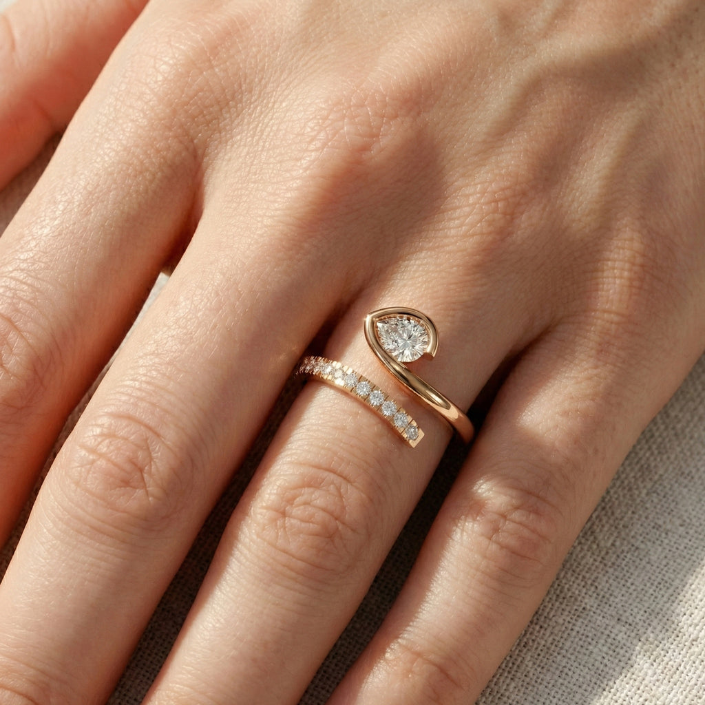 Modern Open Wrap Pear Solitaire Engagement Ring in Lab Diamond – 14k Solid Gold, Wedding Gift for Her, Handmade Bridal Jewelry